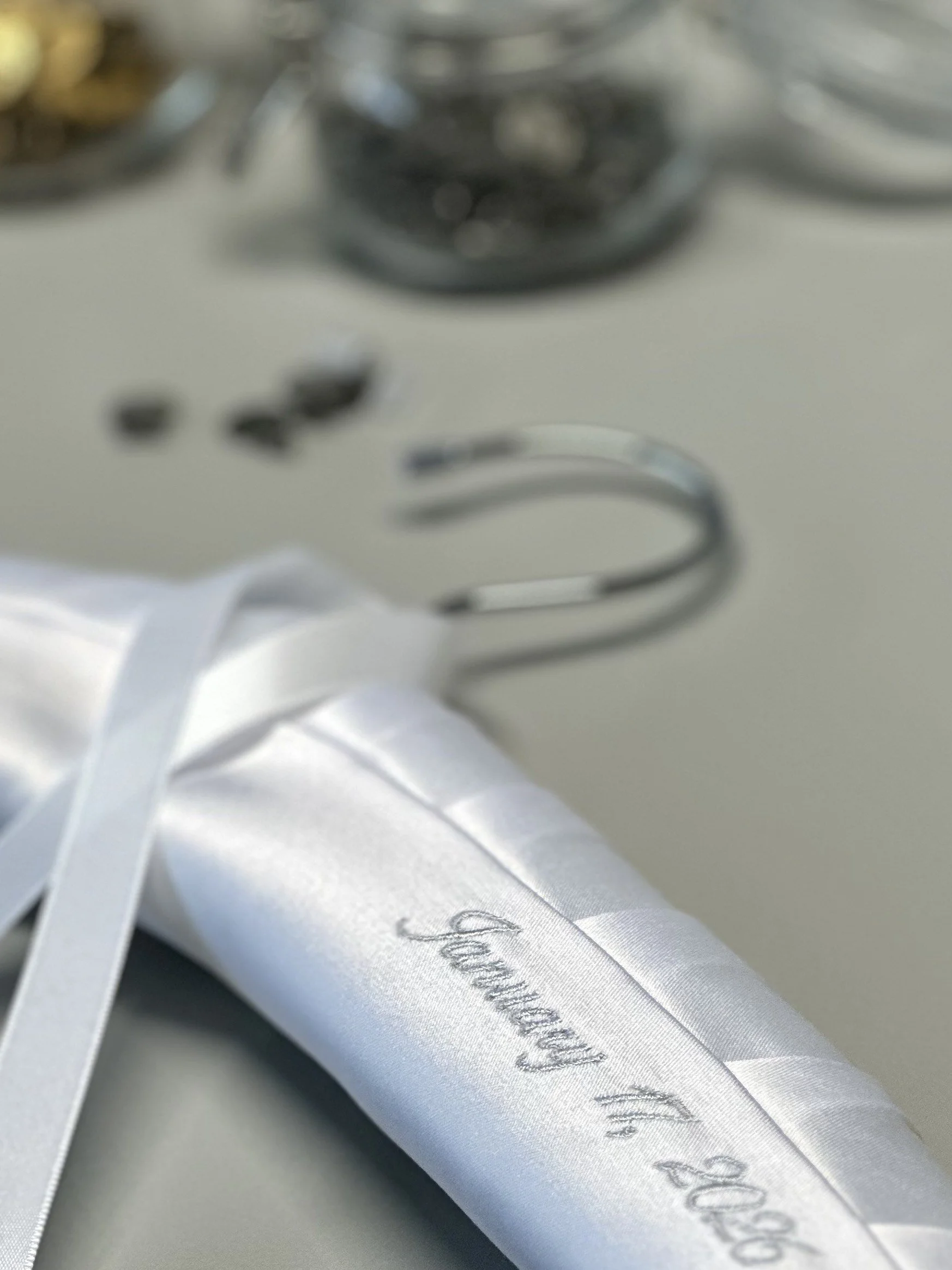 White satin with silver personalization