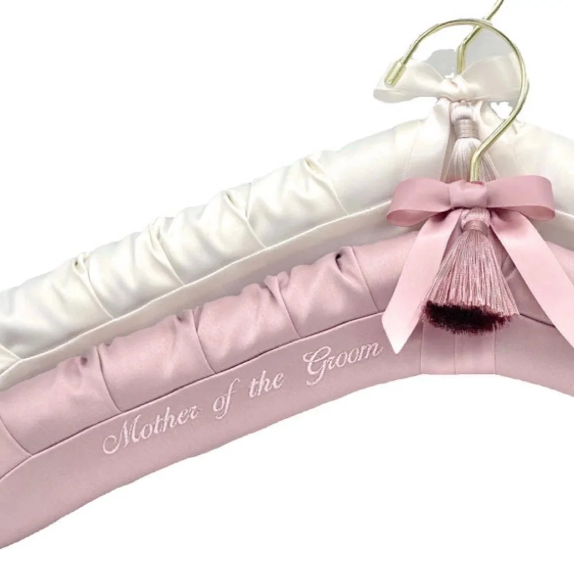 Ivory and rose personalized satin bridal hangers with mother of the bride embroidery and gold hanger finish
