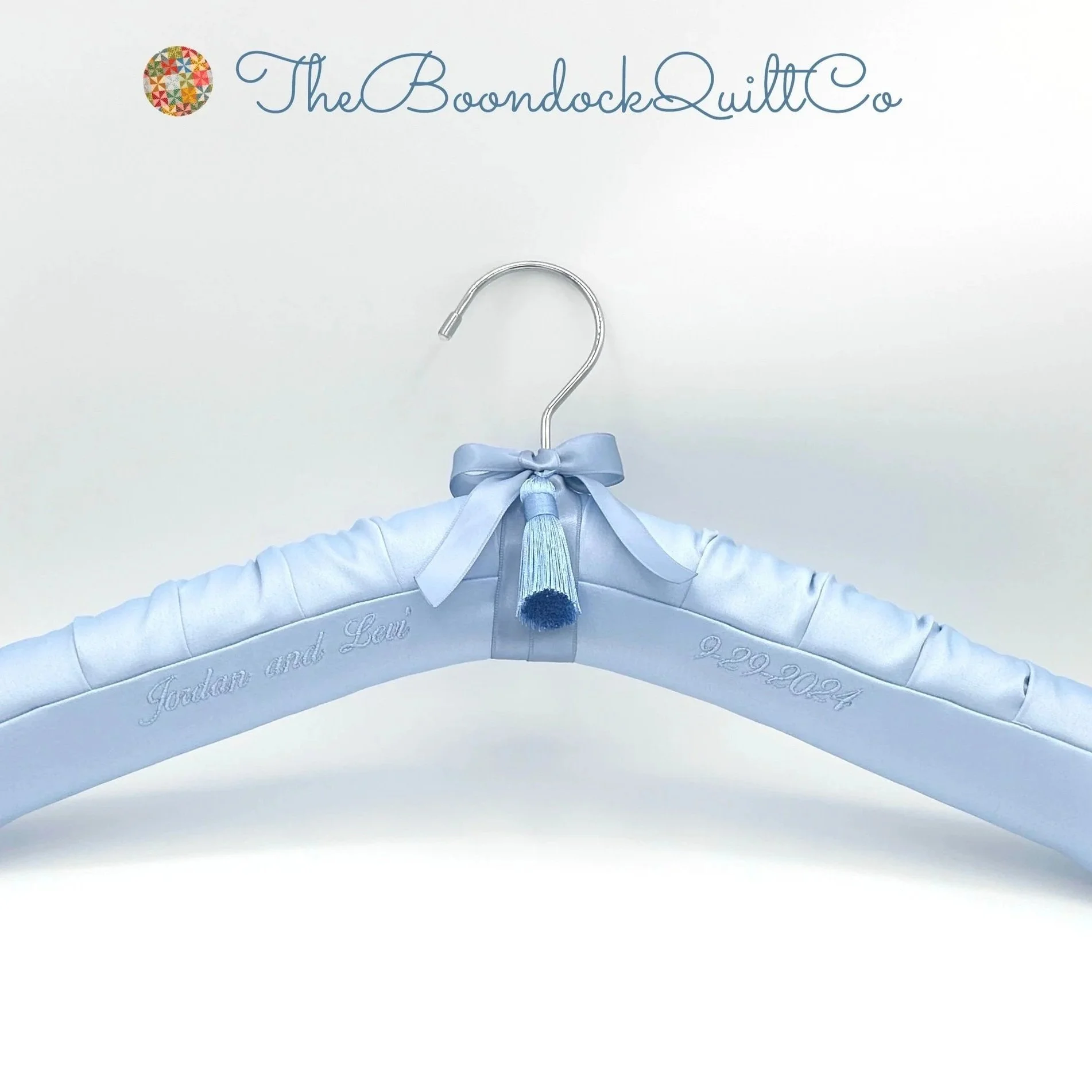 French blue satin bridal hanger with silver hanger finish and personalized embroidery. Emergency Bridal Hanger Service.
