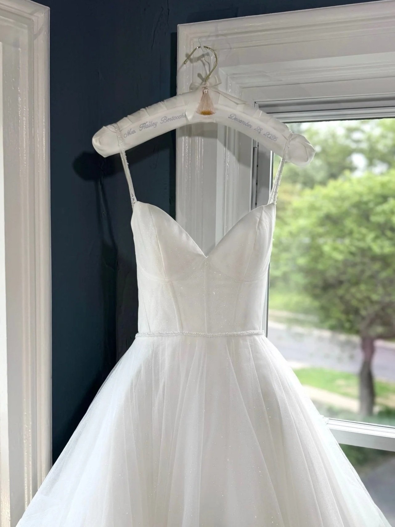 Stella York Gown from The Crystal Bride on a personalized satin wedding dress hanger by The Boondock Quilt Co