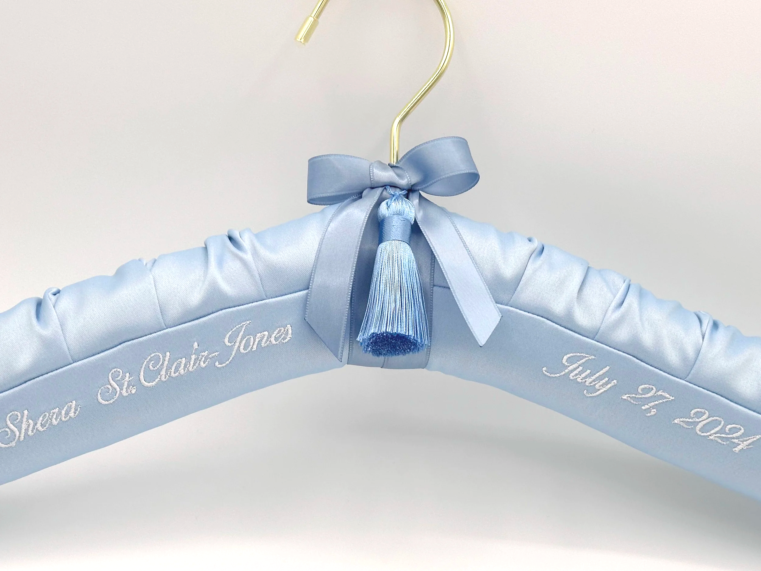 French blue satin with white embroidery on luxe personalized satin bridal hanger for wedding gowns