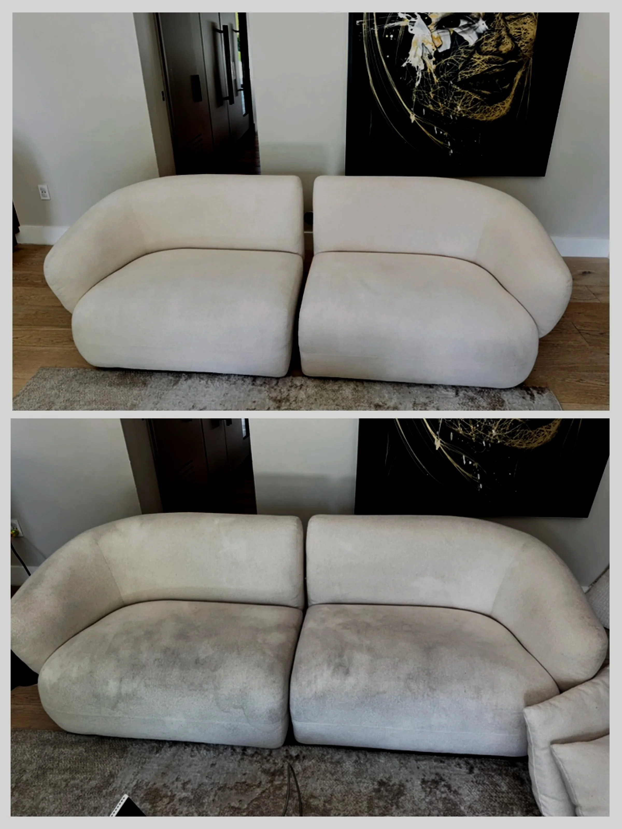 This white sofa was stained with sun tan oil and I cleaned it like new in Miami beach