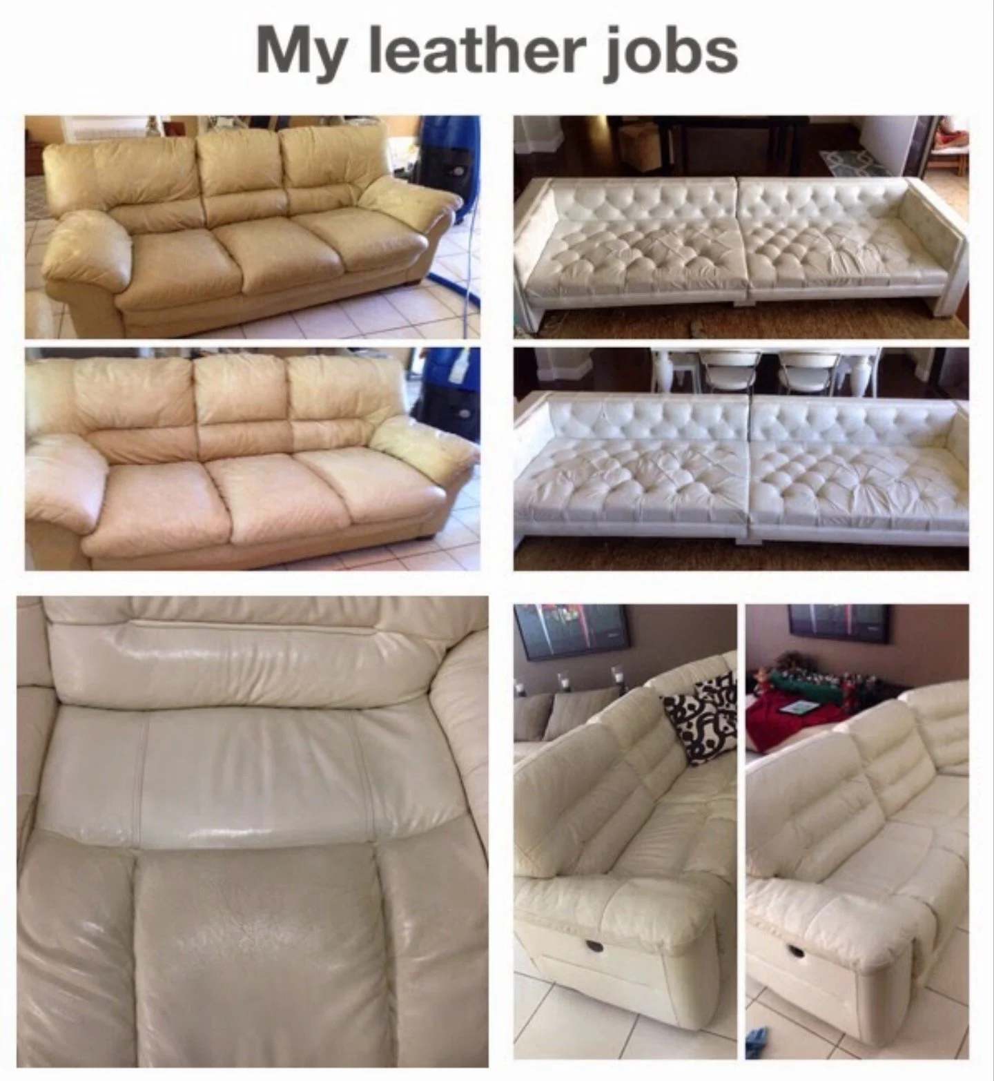 a collage of before and after pictures of our work cleaning sofas, chairs and mattresses in miami