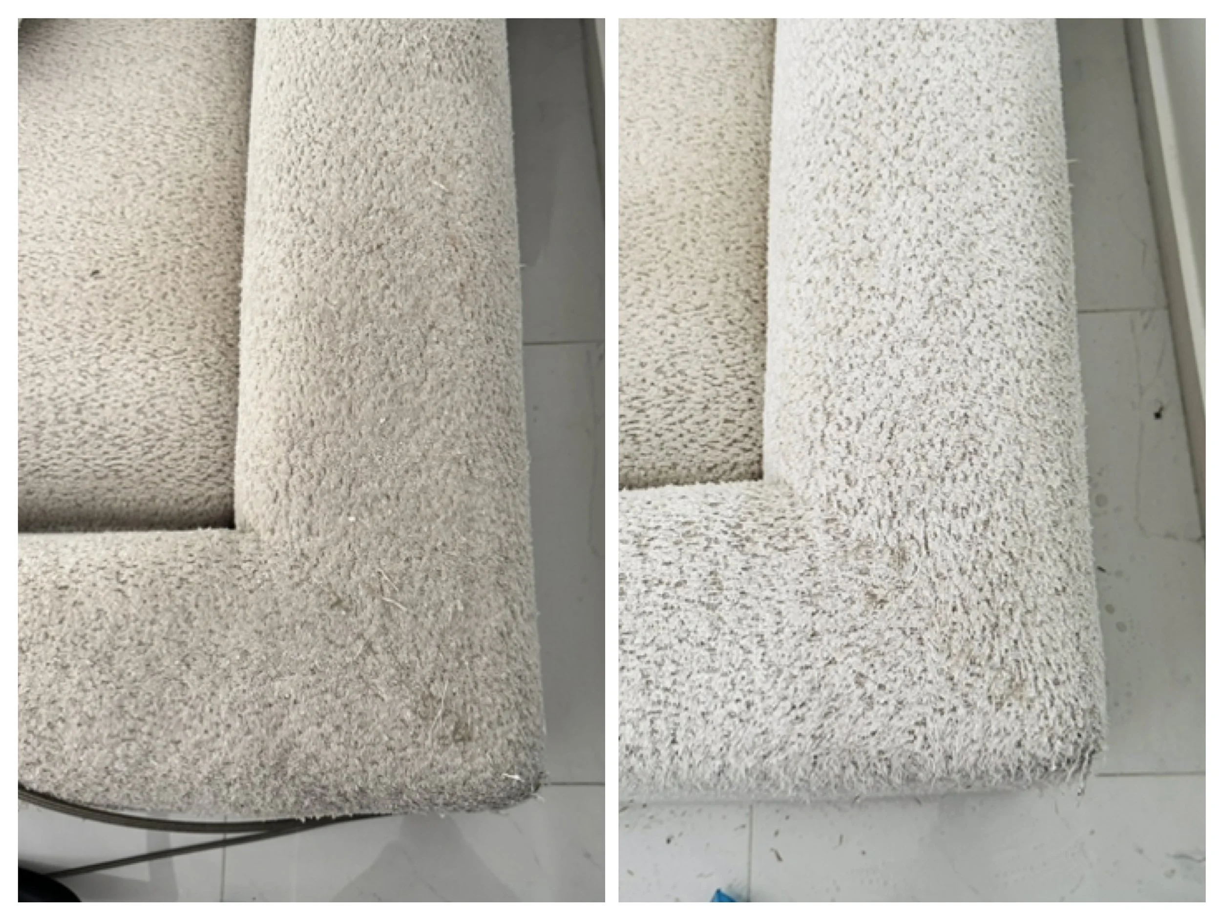 WHITE SPECIALTY WOOL FABRIC SOFA CLEANED BORE AND AFTER PICTURE DONE IN KEY BISCAYNE
