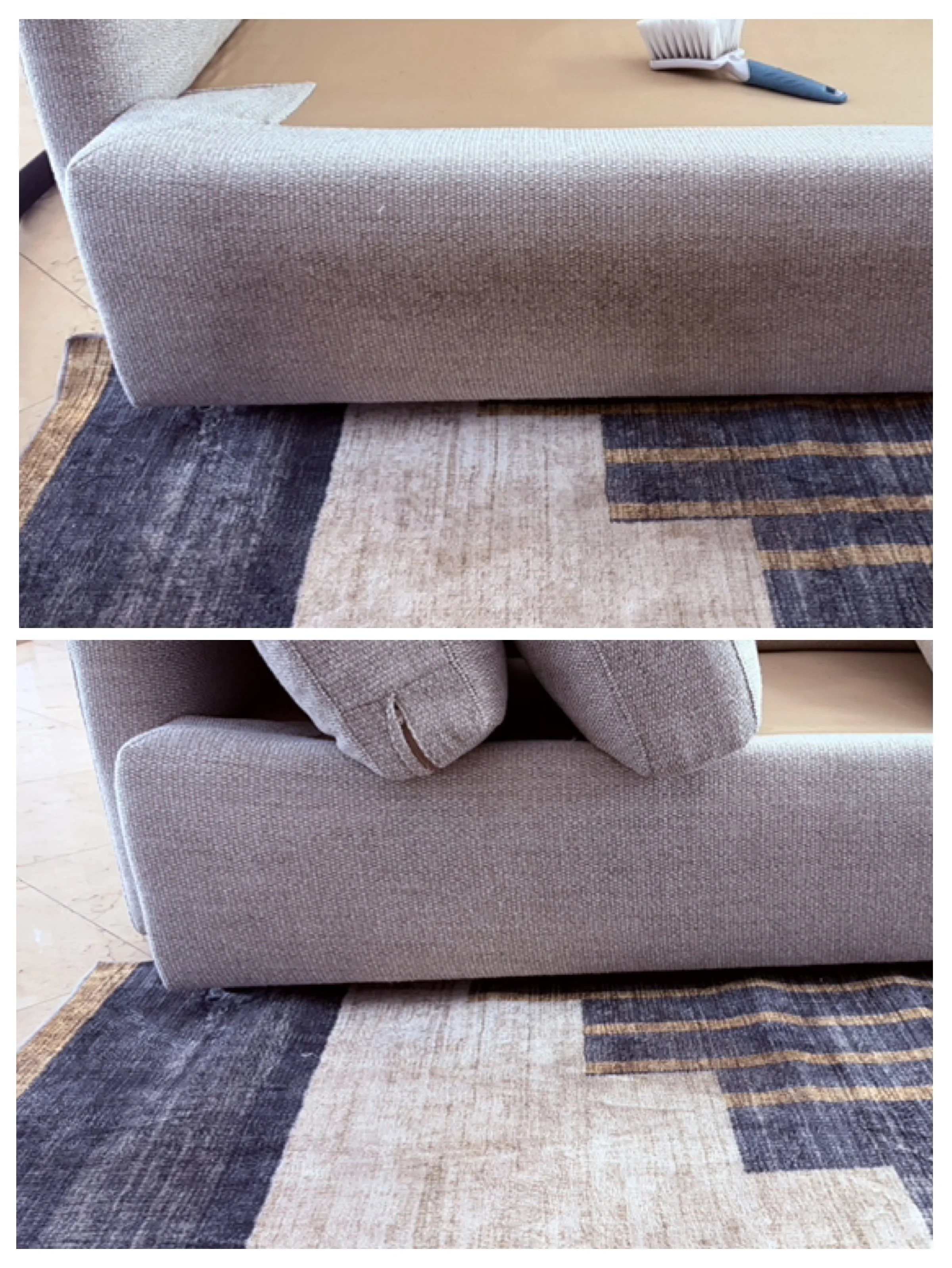White linen sofa stained from dog rubbing against it before and after pictures
