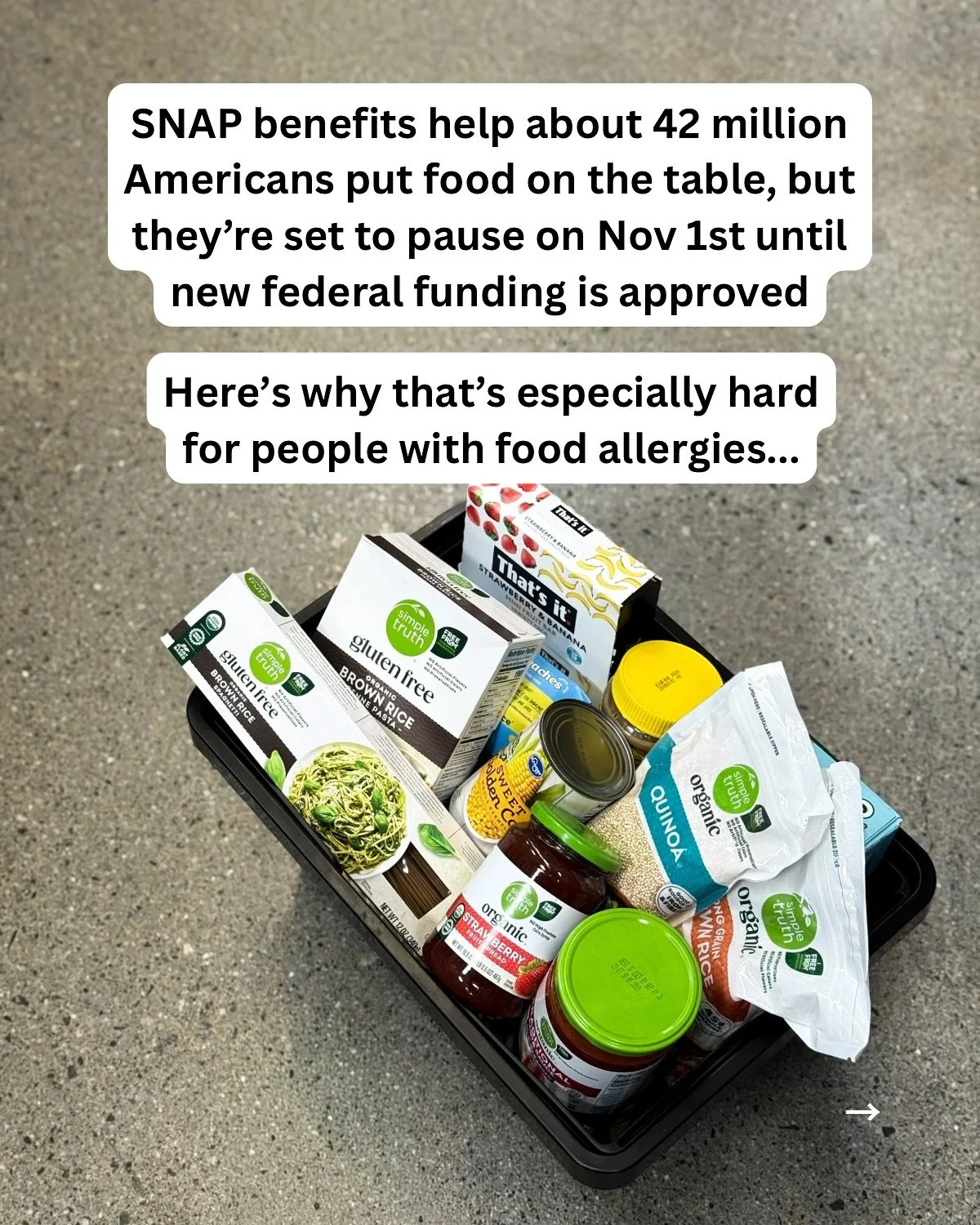 Everyone who relies on SNAP benefits deserves support and access to safe, nourishing food, including those with food allergies 🩵
Swipe for 4 ways you can help those in need!
We’re raising money for @securingsafefood. Comment “DONATE&rd