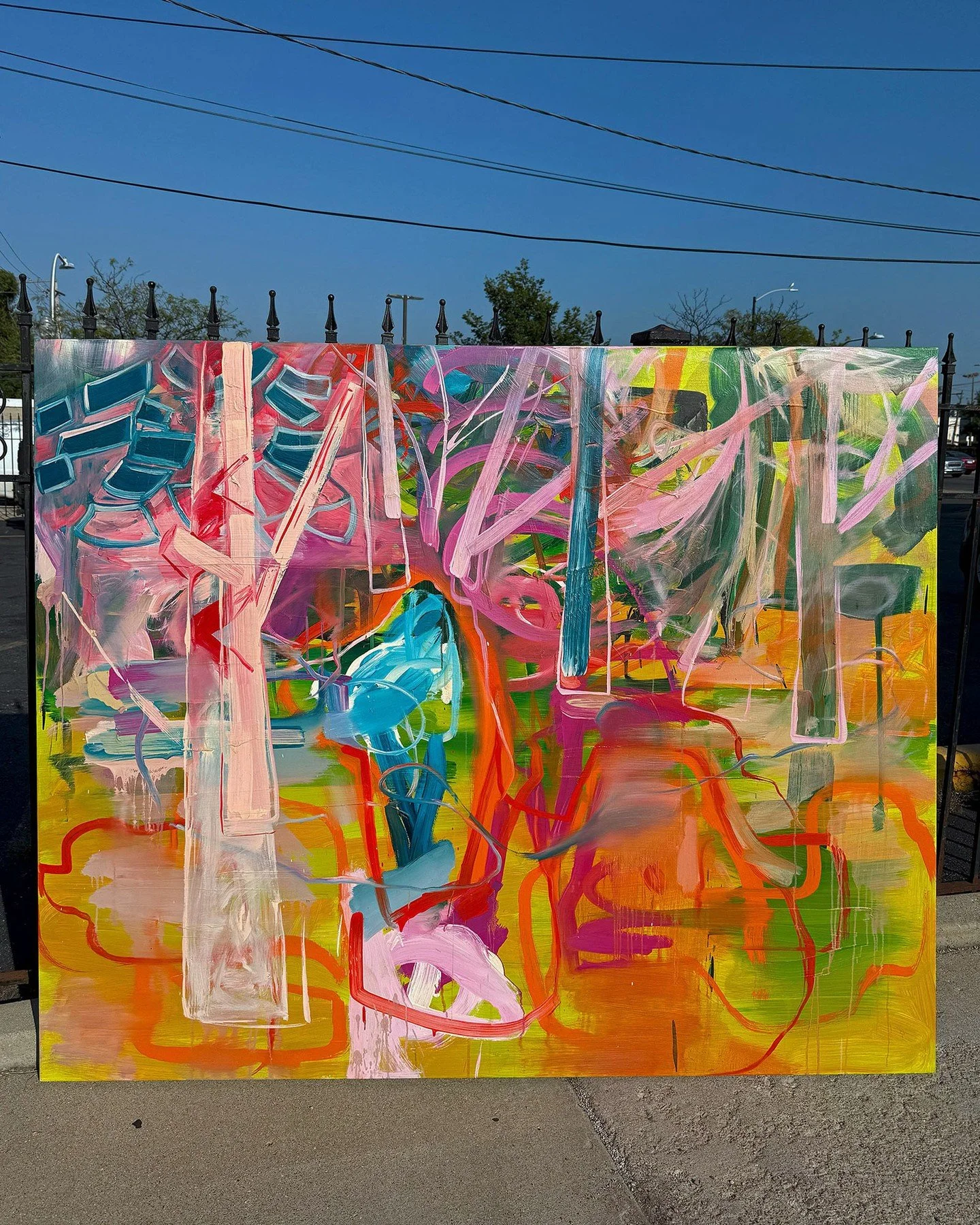 Big, bold, colorful, and still available. I painted this in 2016, and my goodness, those were different times.⁠
.⁠
The Rally (2016)⁠
Oil on canvas⁠
60x72&quot;⁠
Available⁠
&gt;&gt;link in bio⁠
.⁠
#ContemporaryPainting #AllTheColors #AbstractPainting 
