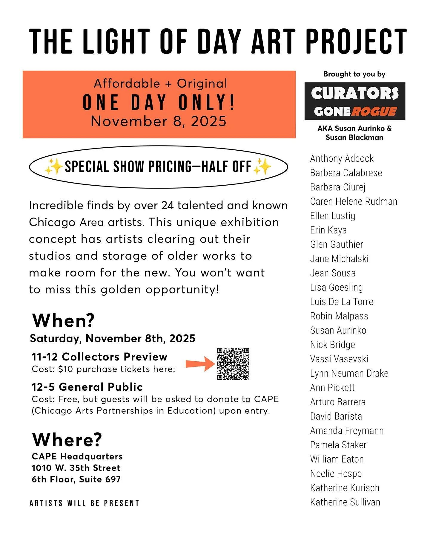 I'm looking forward to exhibiting a wide selection of my work in this unique, one-day-only show. Save the date for Saturday, November 8th. Twenty-four Chicago-area artists will be offering their work at incredible deals (half off or more). It's "