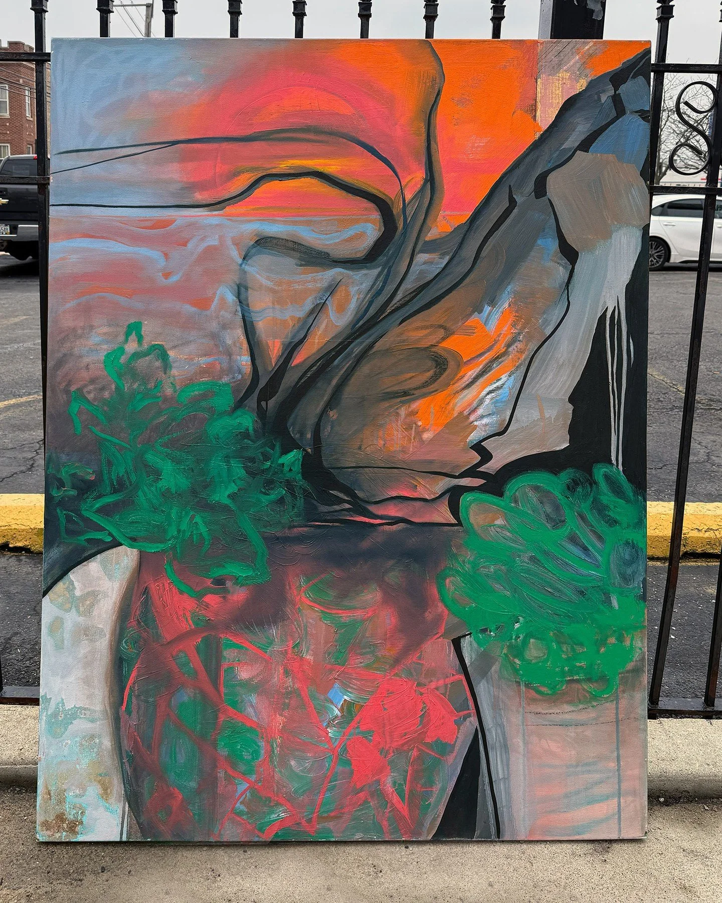 A moody, colorful abstract landscape featuring one of my favorite themes&mdash;potted plants. I think being a kid in the 70's somehow influences my return to the potted plant as subject matter over and over again.⁠
.⁠
"Potted Plants at Sunset&qu