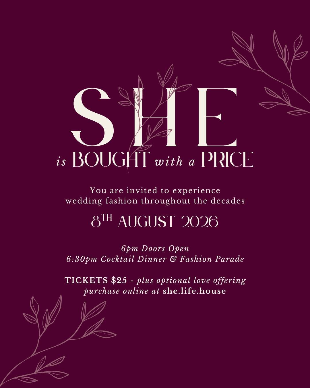 SHE is this Saturday! 💐 This one is for the ladies, today's your last chance to get tickets! We'd love to have you join us at 6pm for a cocktail dinner, sparkling drinks, and a fashion parade 🩷