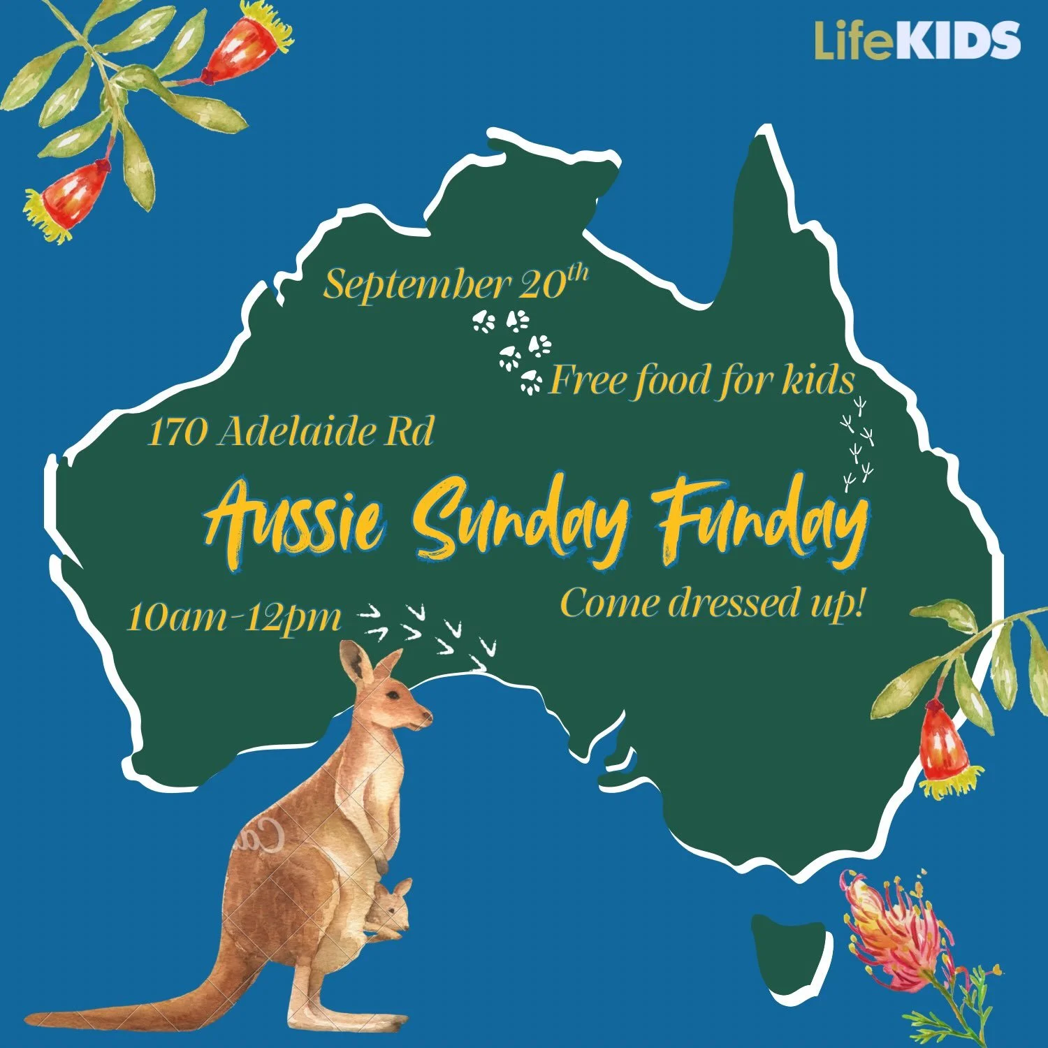 Aussie Sunday Funday is THIS SUNDAY! Invite the whole family for a morning full of crazy fun! 

There will be aussie games and activities as well as free food for kids!! Come dressed in your BEST aussie outfit! 🇦🇺🦘🐨