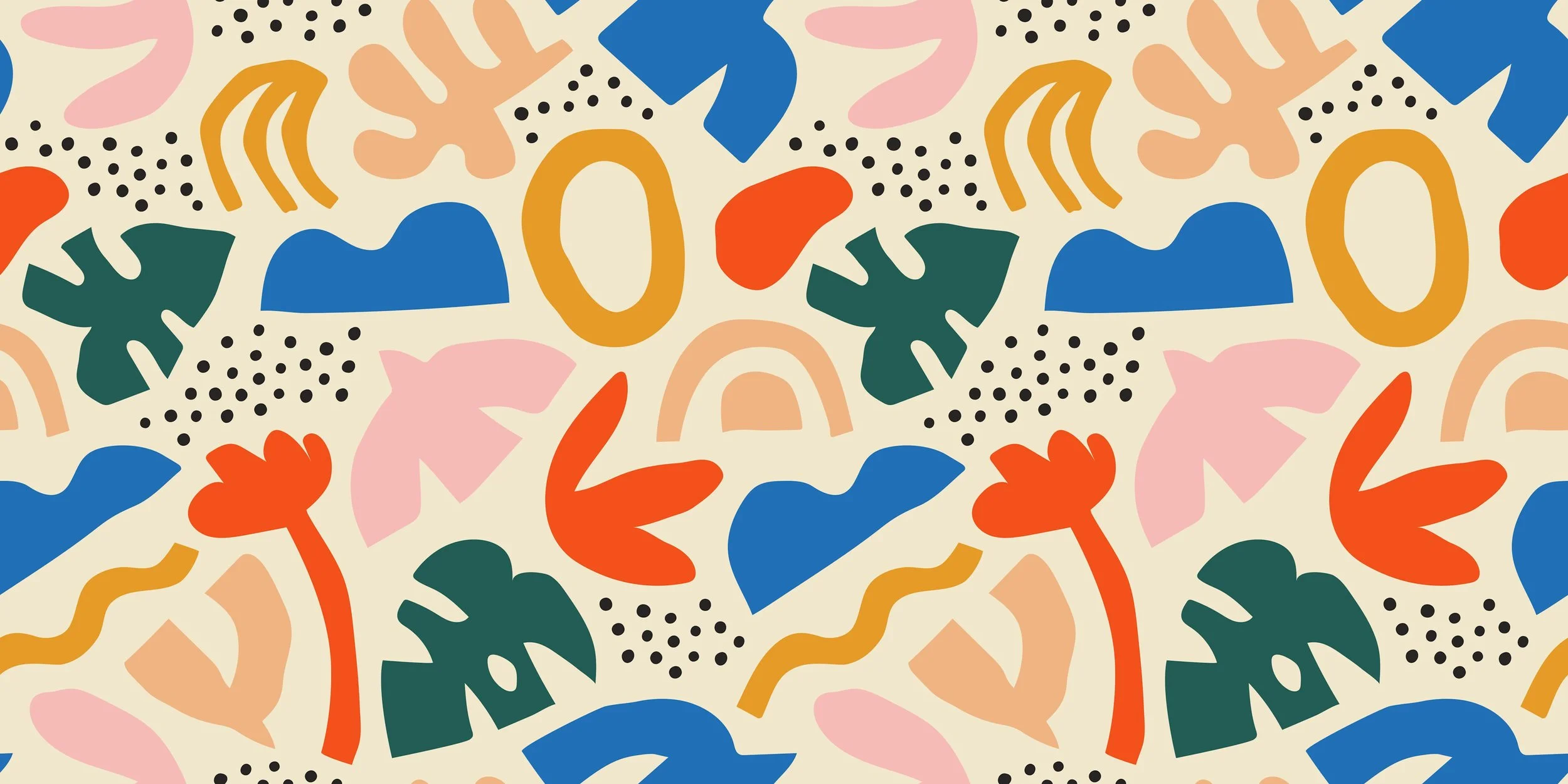 Colorful abstract seamless pattern with various shapes such as leaves, semi-circles, squiggles, and dots in shades of blue, green, pink, orange, yellow, and black on a beige background.