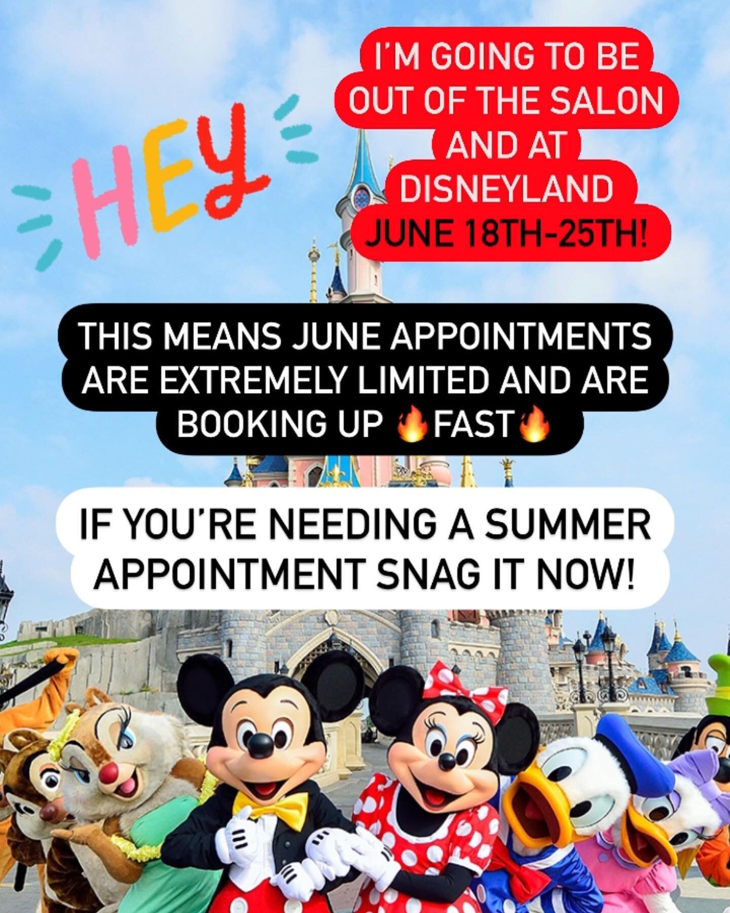 🐭OUT WITH THE MOUSE🐭

My husband and I are going to Disneyland and NintendoWorld this summer to live out our childhood dreamsssss ⭐️😻

I&rsquo;ll be out of the salon June 18-25th so be sure to book your appointments now before they&rsquo;re all go
