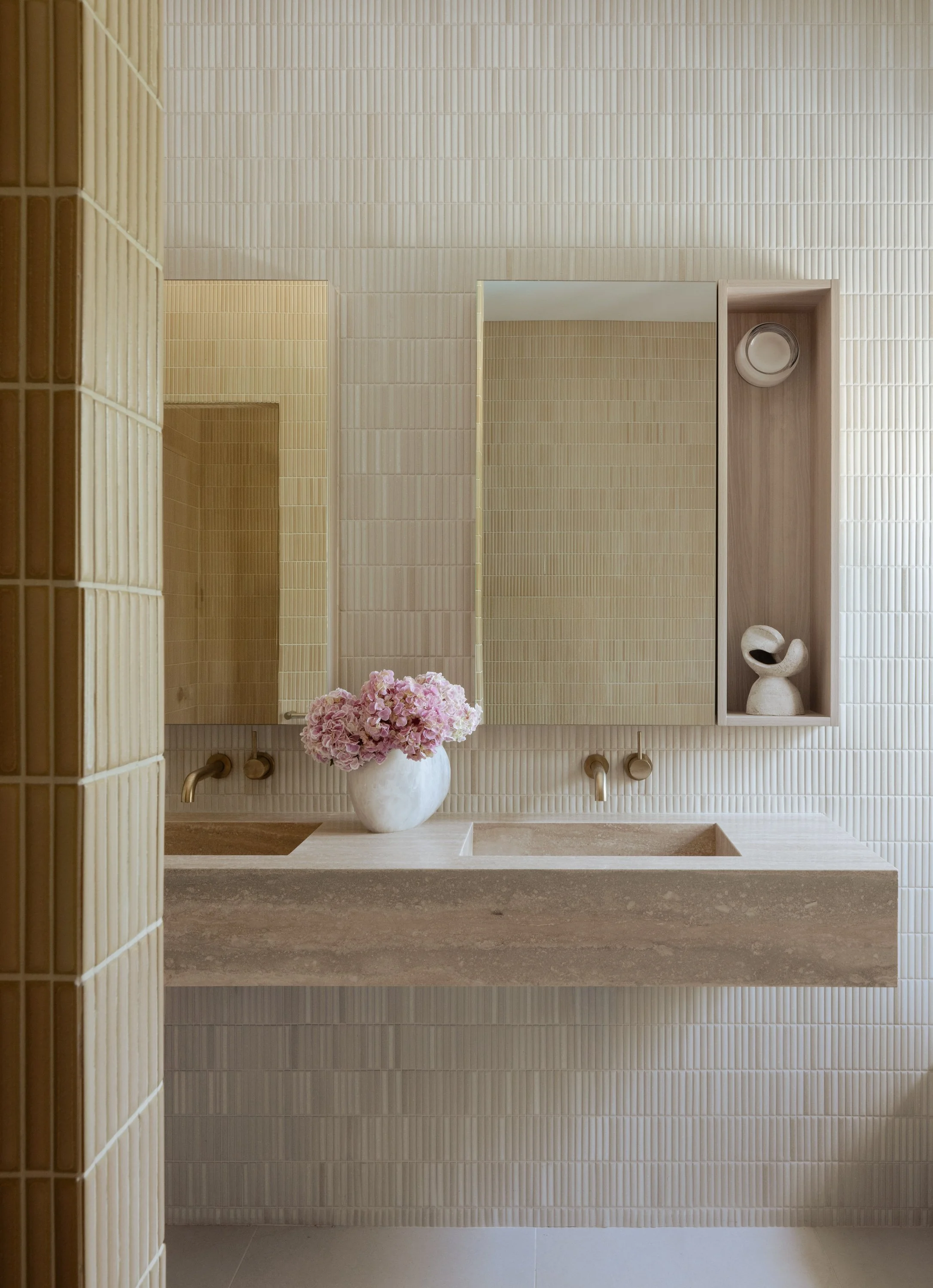 Floating stone sink with soft light