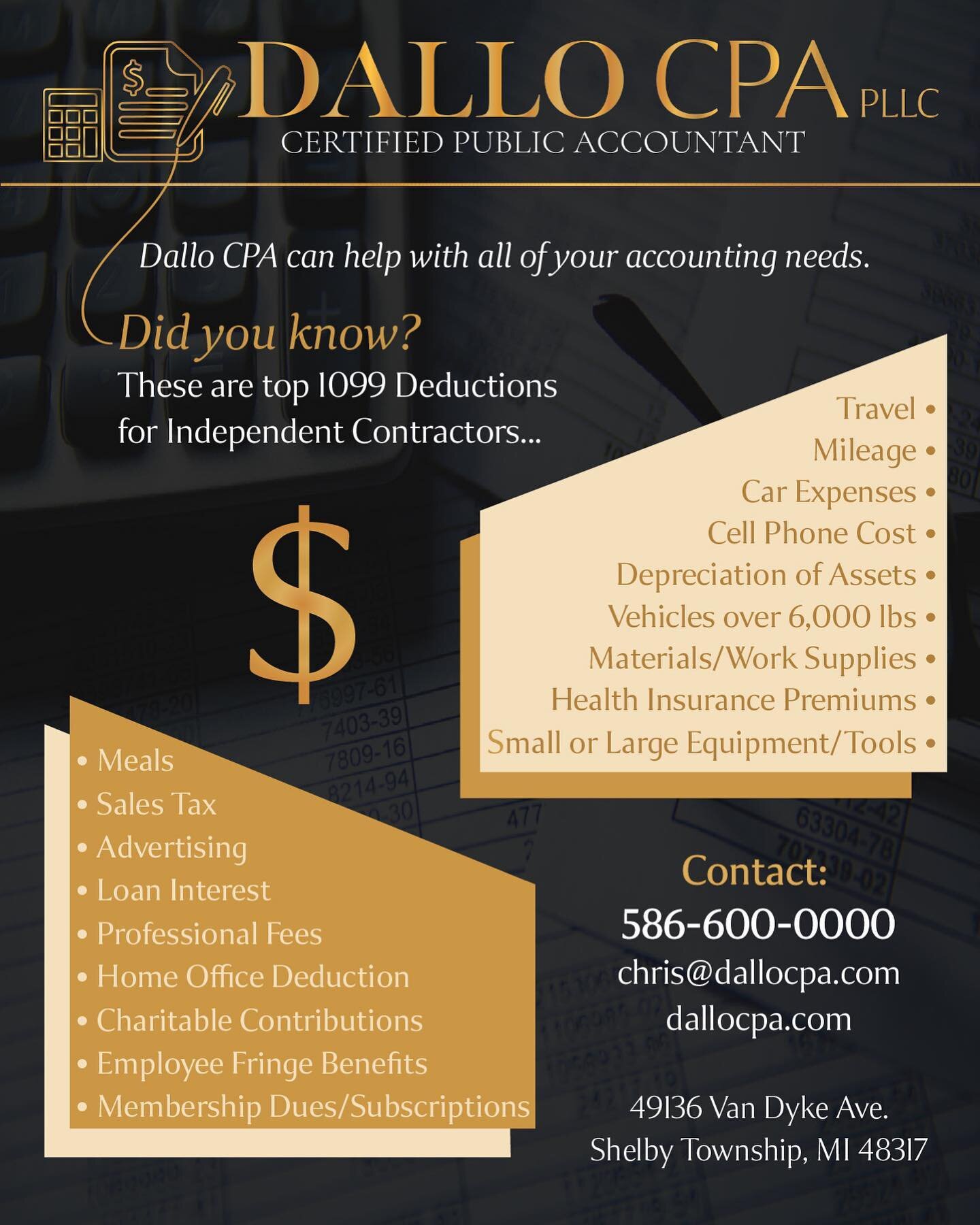 Are you a subcontractor? Take a look at what the most common expenses are for subcontractors!

Designed by @lexgraphex 

#subcontractor #tax #taxtips #taxpreparation #taxseason #dallocpa