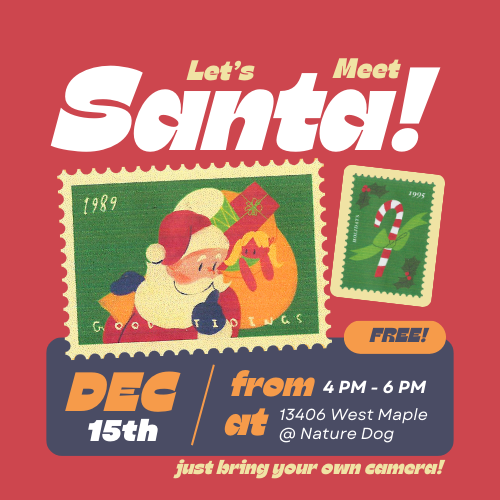 A festive holiday promotional flyer with Santa Claus holding a present, featuring postage stamp designs and event details for a Santa meet and greet on December 15th from 4 PM to 6 PM at Nature Dog, with a note to bring your own camera.