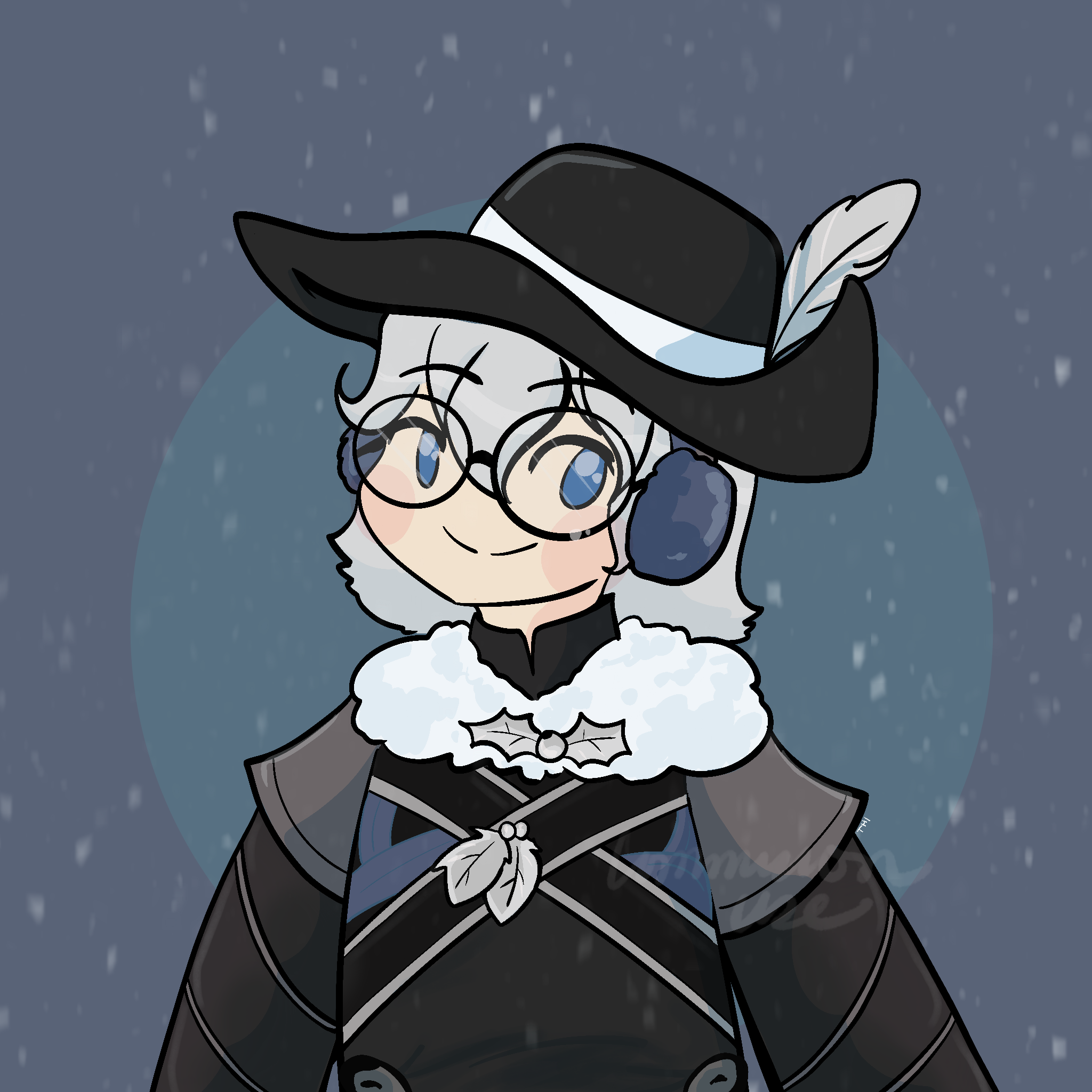 Cartoon character wearing a black wide-brimmed hat with a feather, glasses, a white fluffy collar with holly, and a dark cape, standing in snowfall with a blue background.