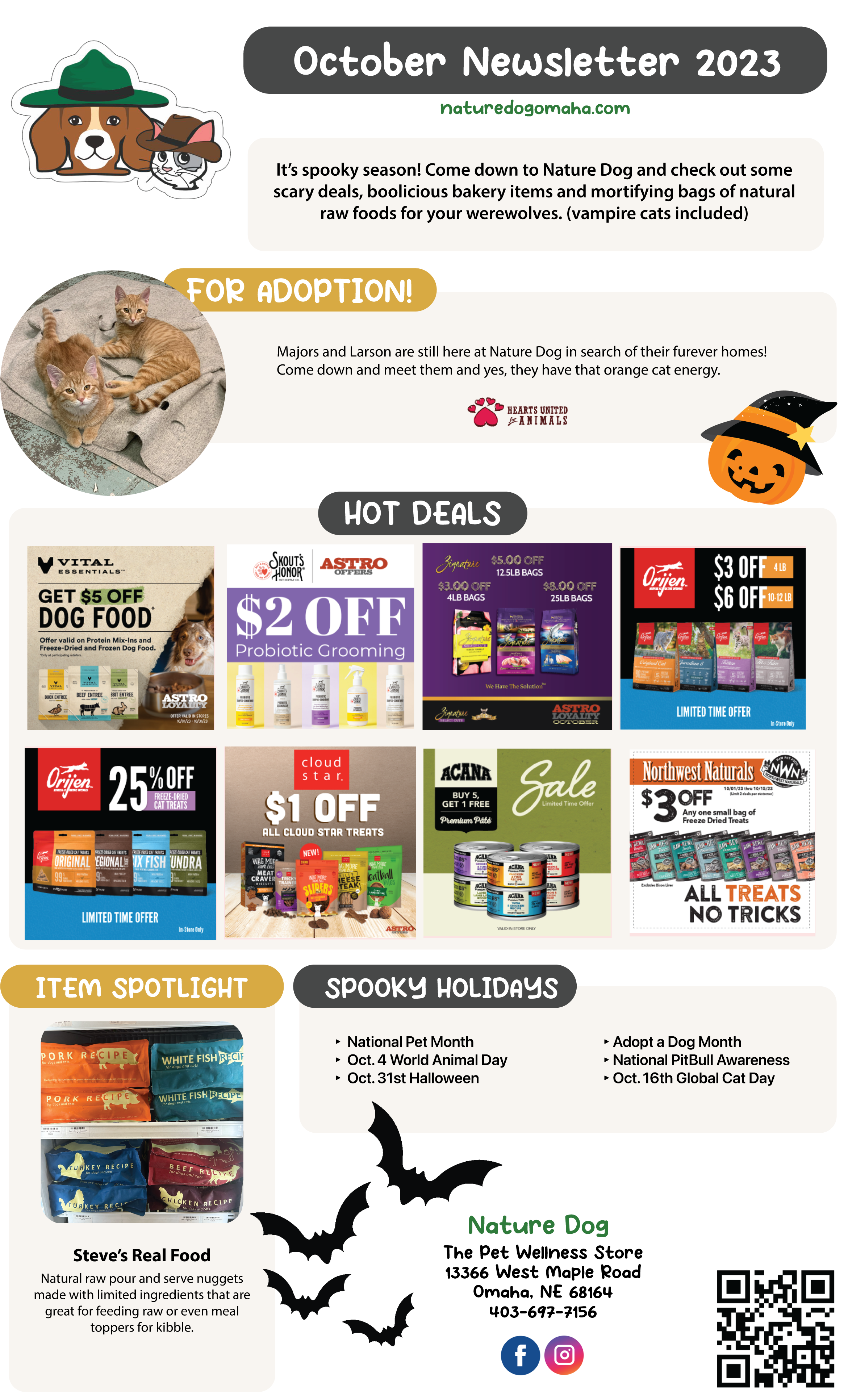 October 2023 newsletter from Nature Dog featuring Halloween-themed graphics and holiday information, including pet adoption, special deals on pet products, and holiday observances like National Pet Month and Halloween, with an image of raw pet food a