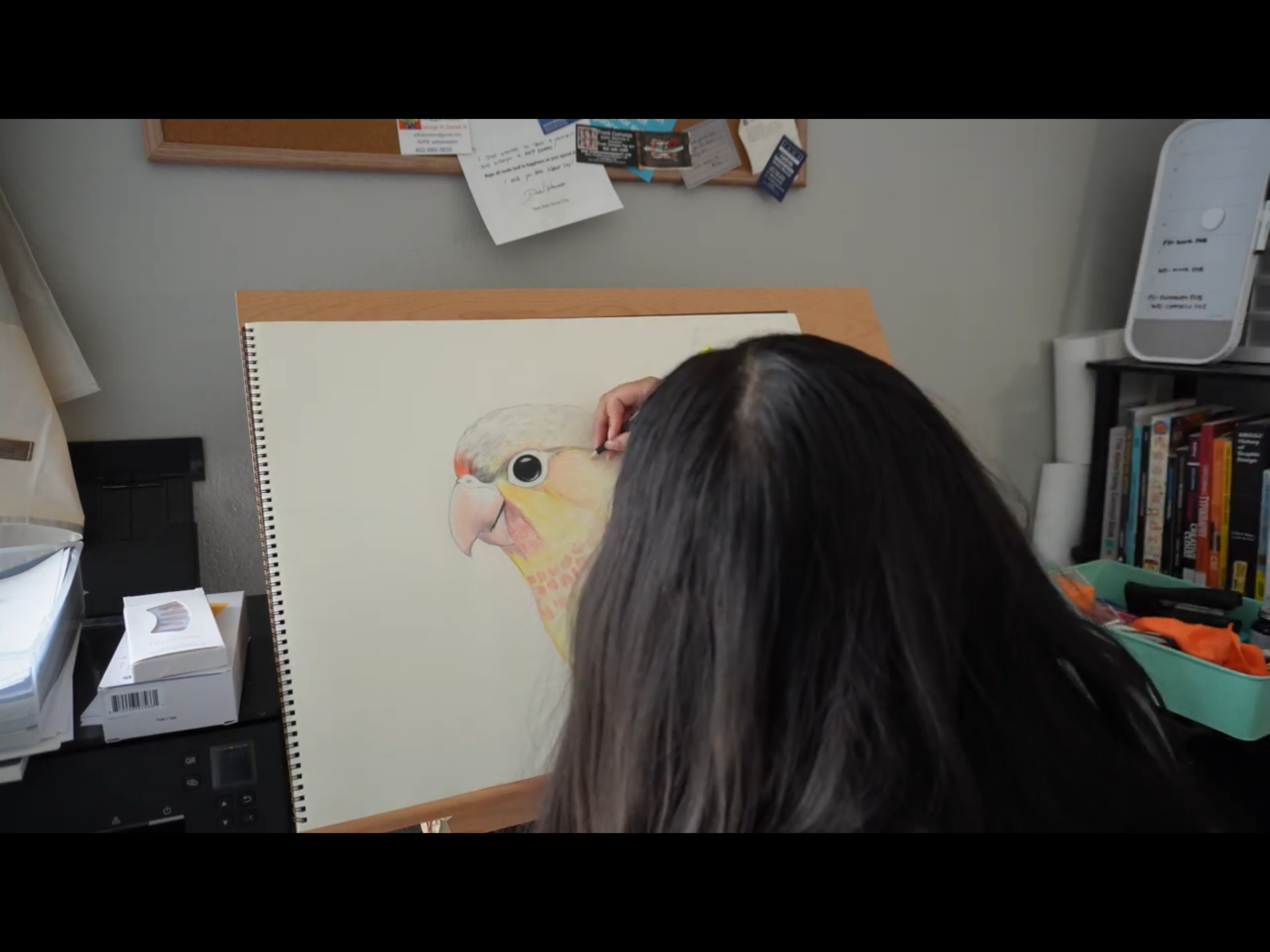 A person with long dark hair working on a colored pencil drawing of a bird's head on a sketchbook, with the bird's features partially completed.
