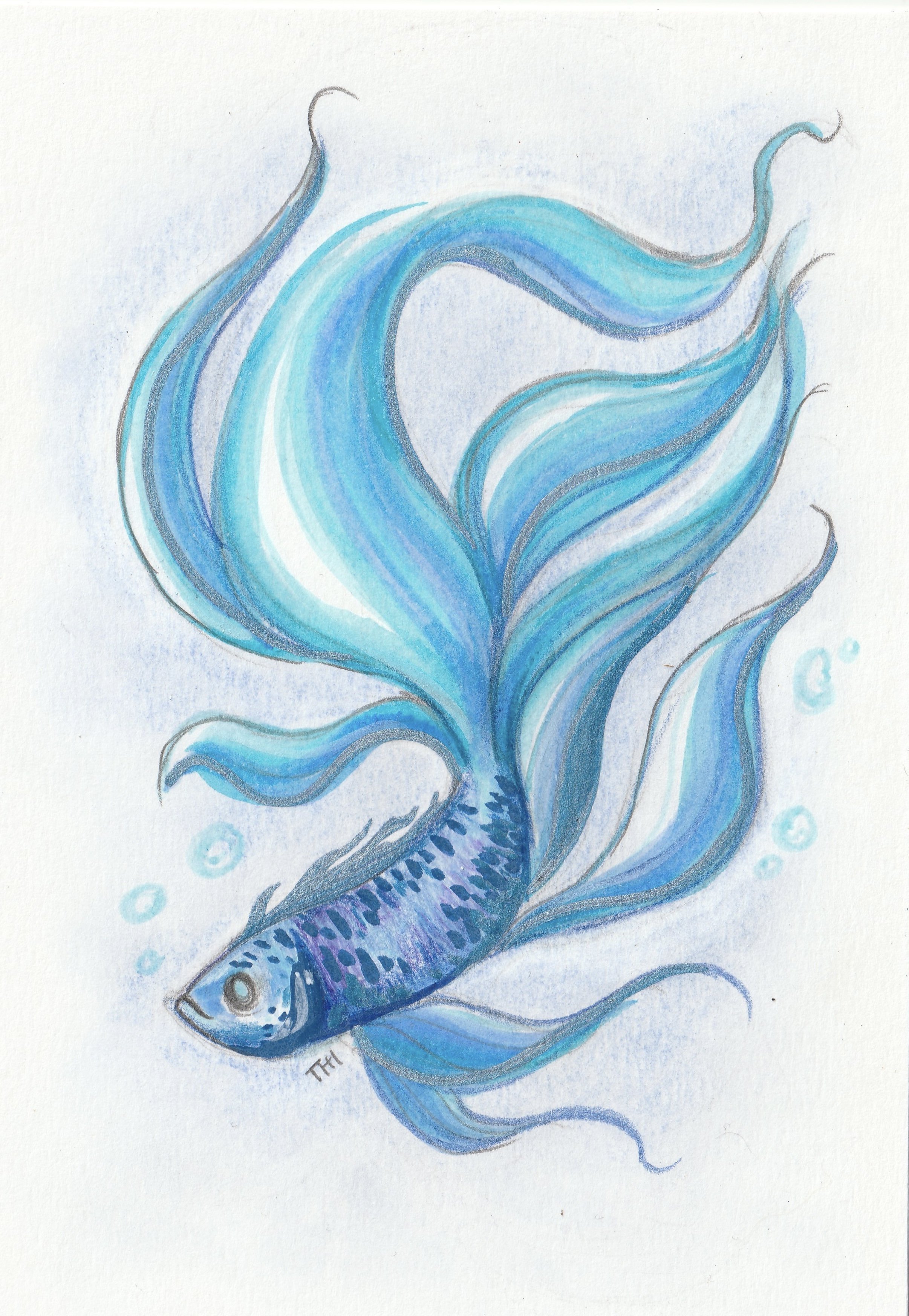 Watercolor painting of a blue and purple fish swimming with flowing blue and turquoise fins and bubbles around it.