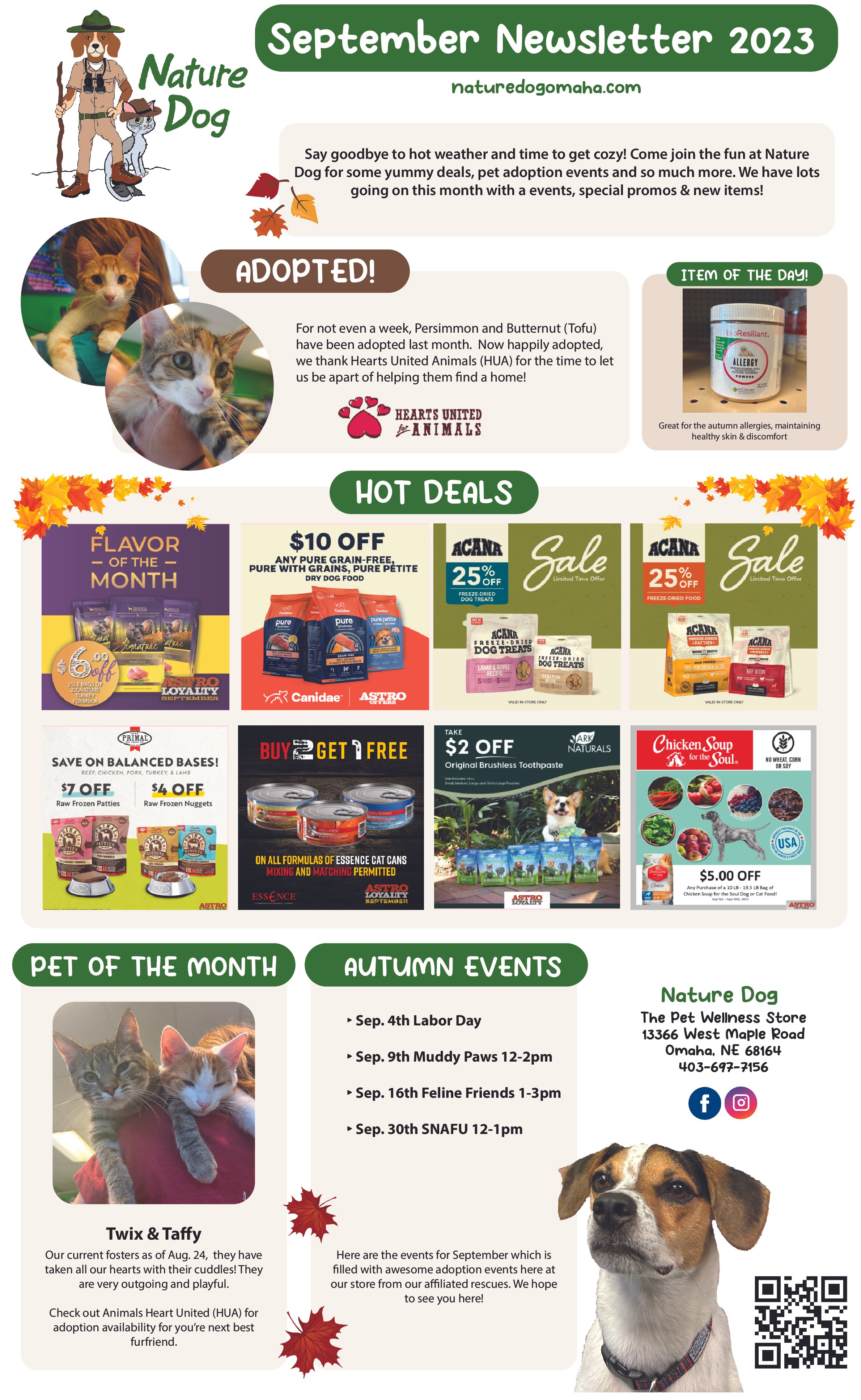 September 2023 newsletter from Nature Dog, featuring the adoption of Persimmon and Butternut, special pet deals, pet events, and information about the pet store in Omaha. Includes images of cats, a dog, and pet products, with colorful fall leaves dec