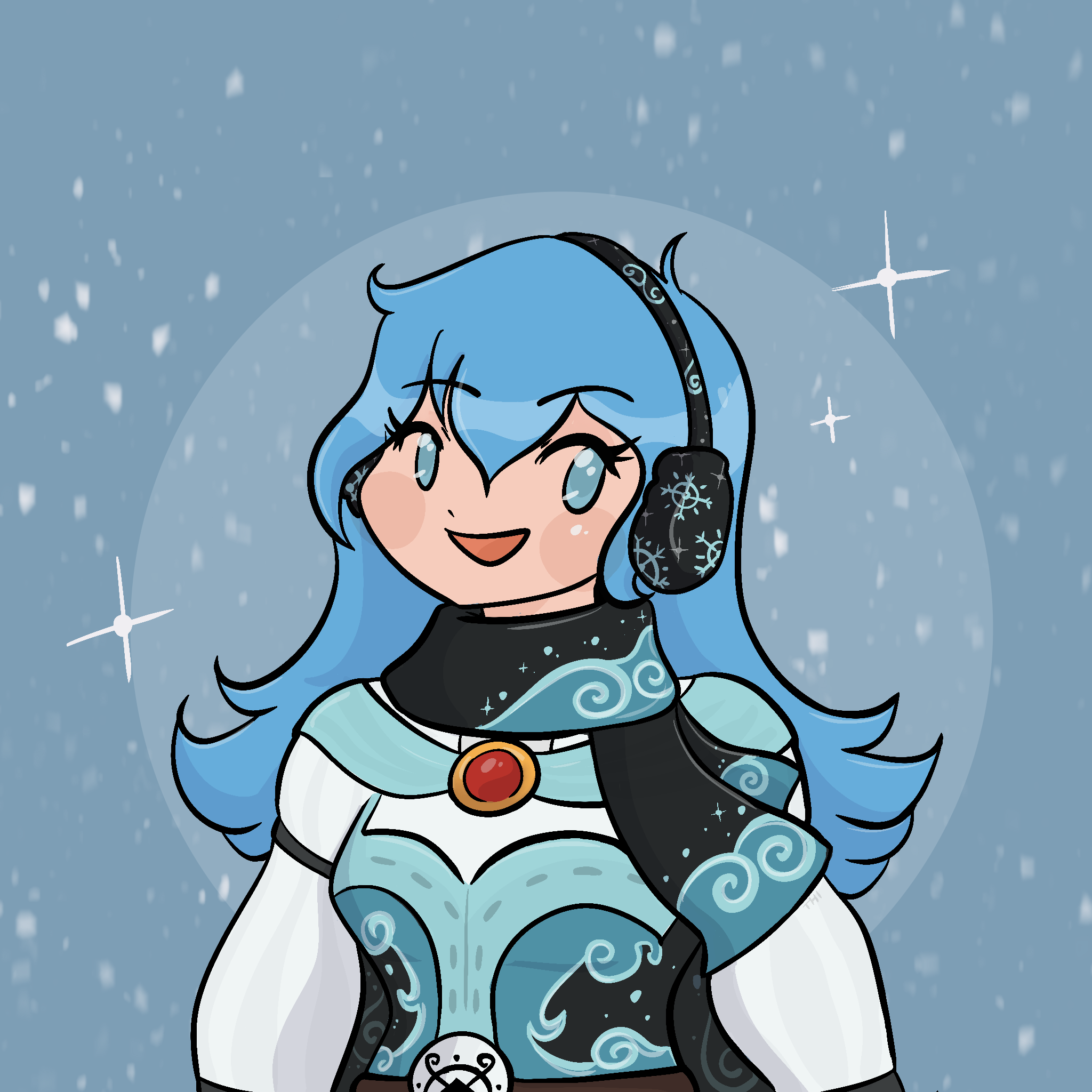 A cartoon character with blue hair wearing a black and white outfit with snowflake and swirl patterns, a red gem at the neck, and large black headphones with snowflake designs, standing in a snowy background with falling snow and star-like sparkles.