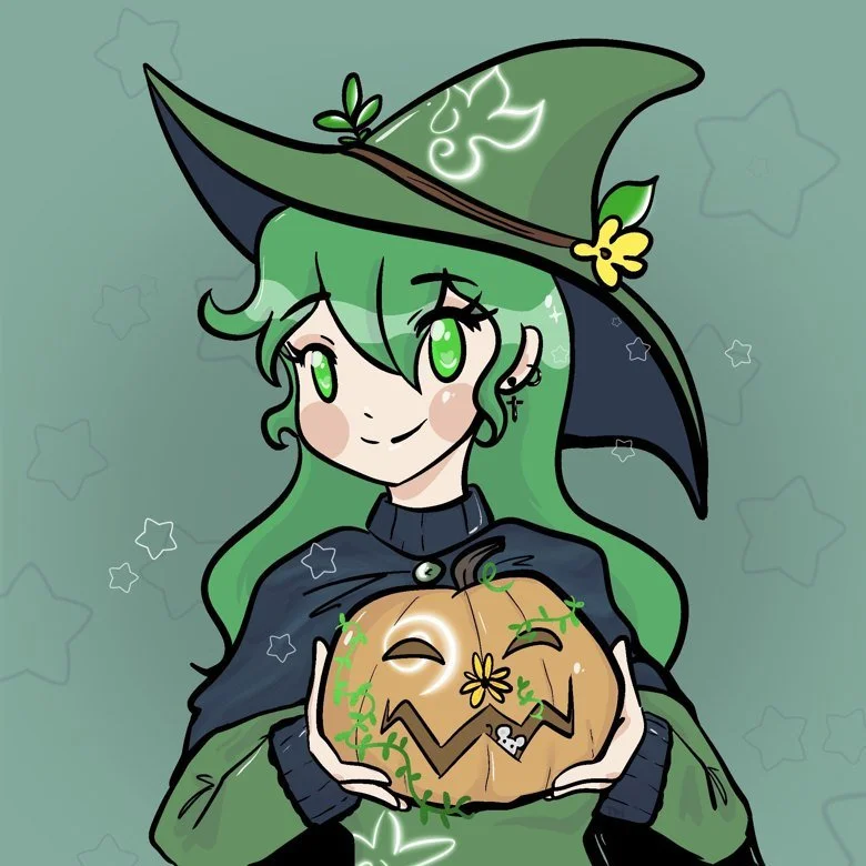 Anime-style girl dressed as a witch with green hair and a green hat holding a carved pumpkin with a smiling face, surrounded by starry background.