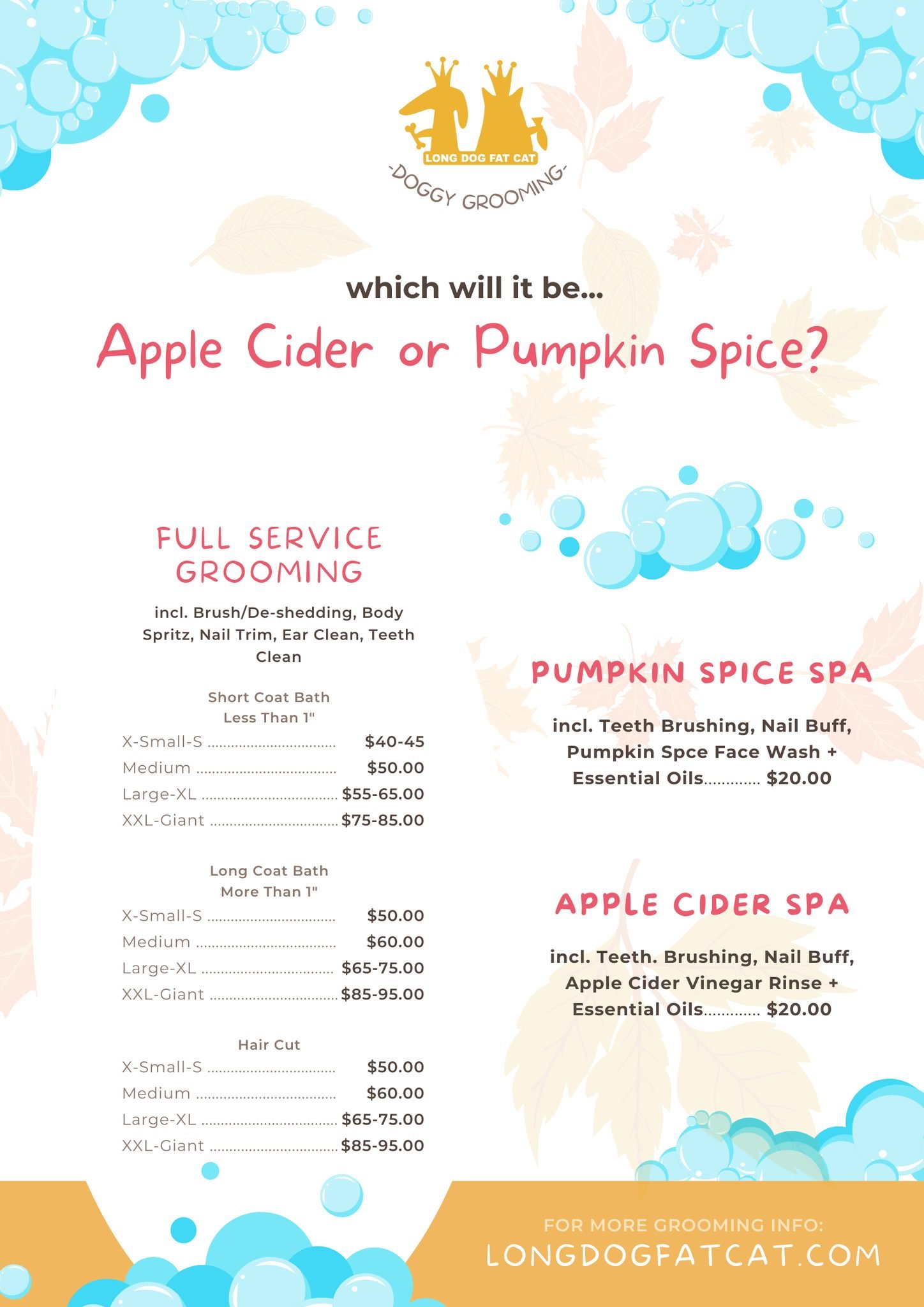 A grooming service menu offering apple cider and pumpkin spice spa treatments, with options for full service grooming, and different bath packages, prices listed for various sizes.