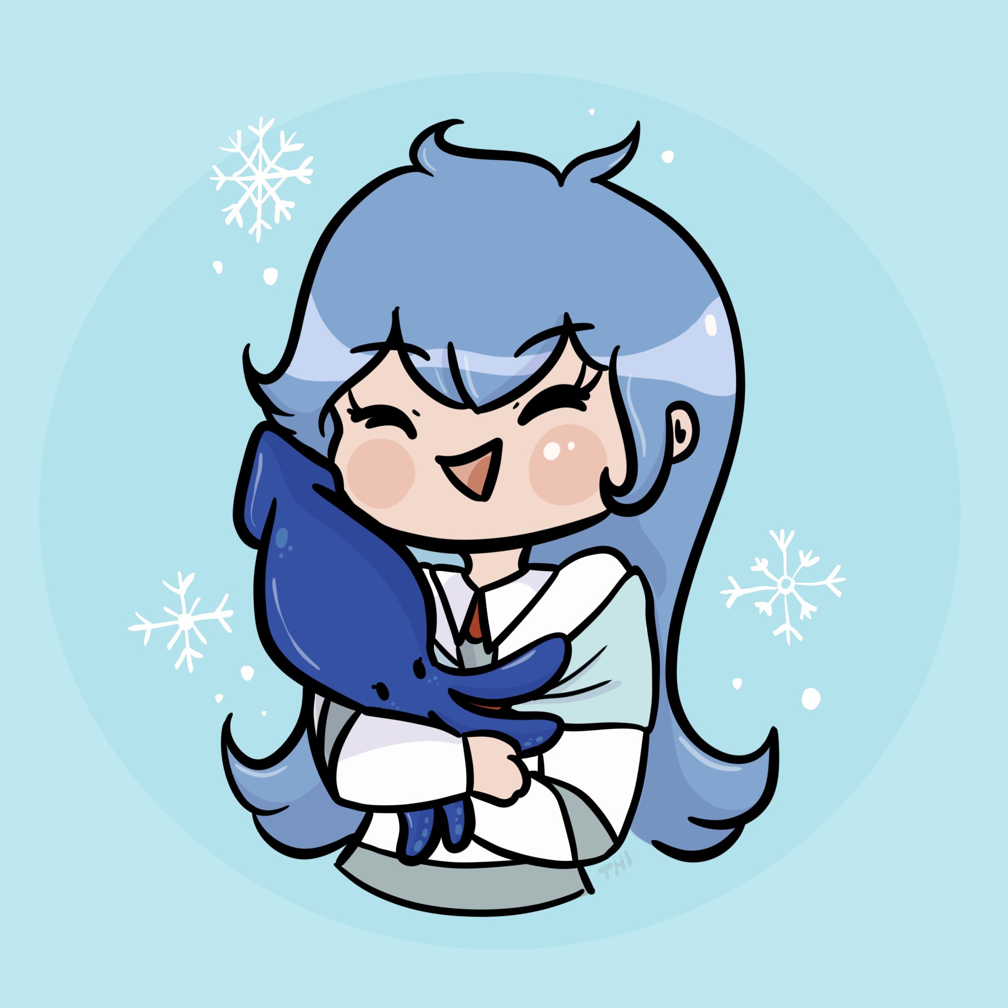 A chibi-style character with long blue hair hugging a blue dolphin against a light blue background with snowflakes.