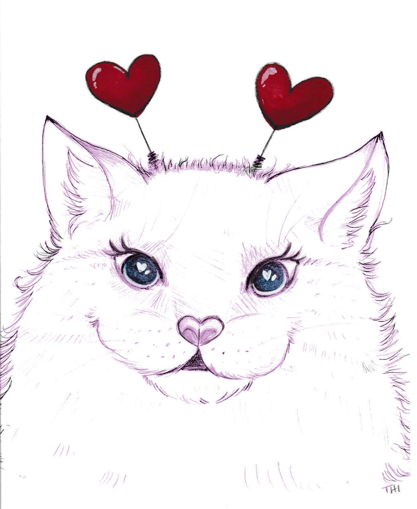 A hand-drawn illustration of a white fluffy cat with blue eyes, with two red heart-shaped balloons on its head.