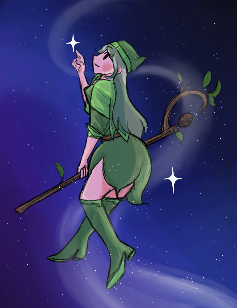 Animated illustration of a female character dressed as a woodland fairy or elf, floating in space with a starry background. She has long hair, a green hat, a green dress with leaf accents, and green thigh-high boots. She holds a staff with leaves and