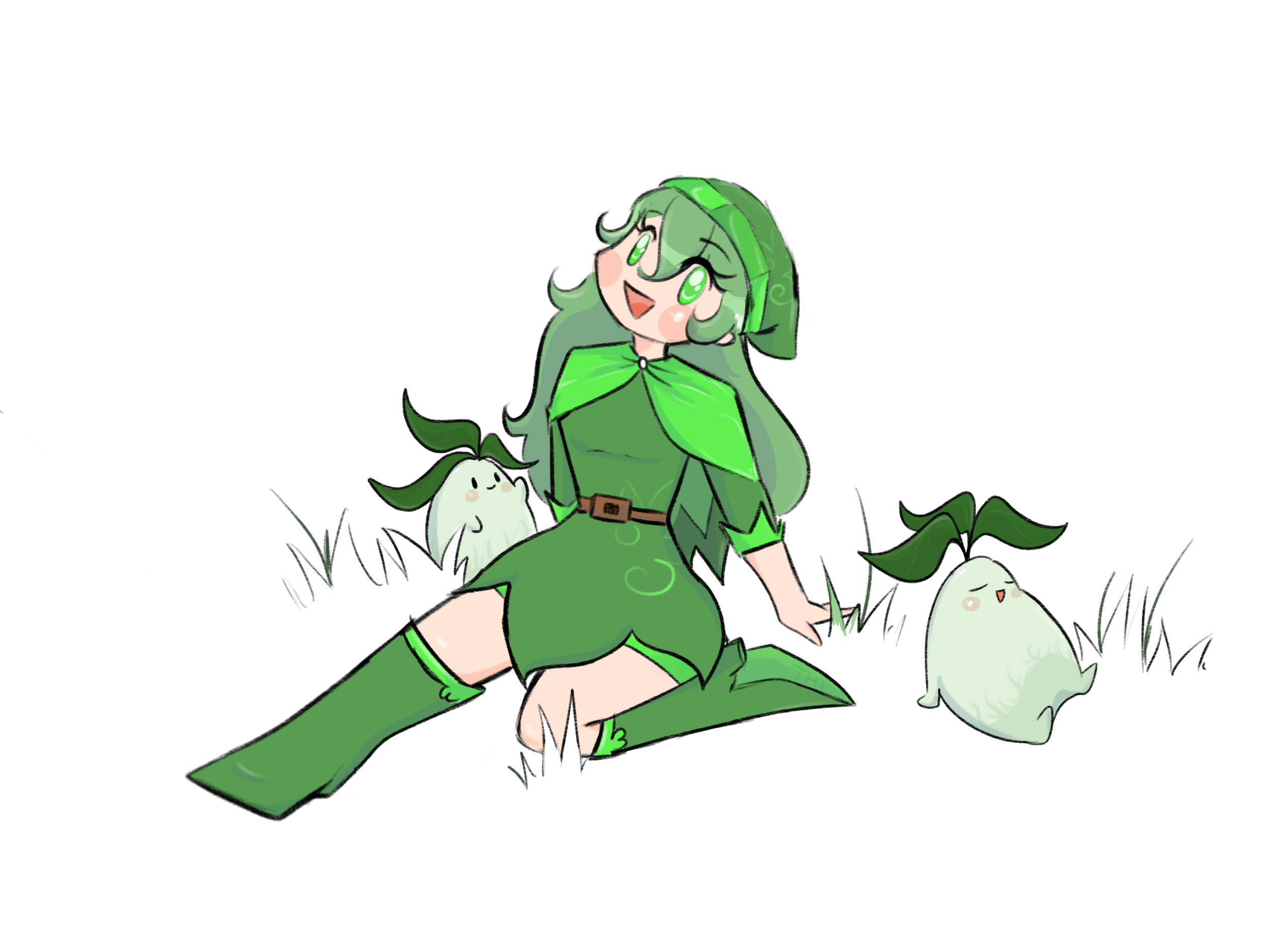 Cute animated girl with green hair and leaf-themed outfit sitting on the grass, surrounded by three small, white, round creatures with leaf accents, in a playful, fantasy style