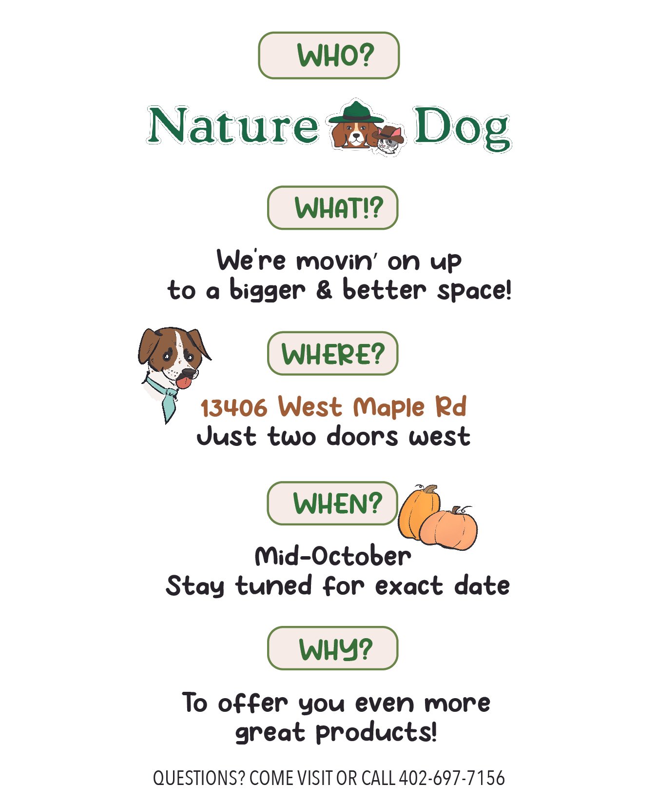 A flyer for a pet moving service with cartoon illustrations of dogs, pumpkin images, and text providing contact information and details for the service.