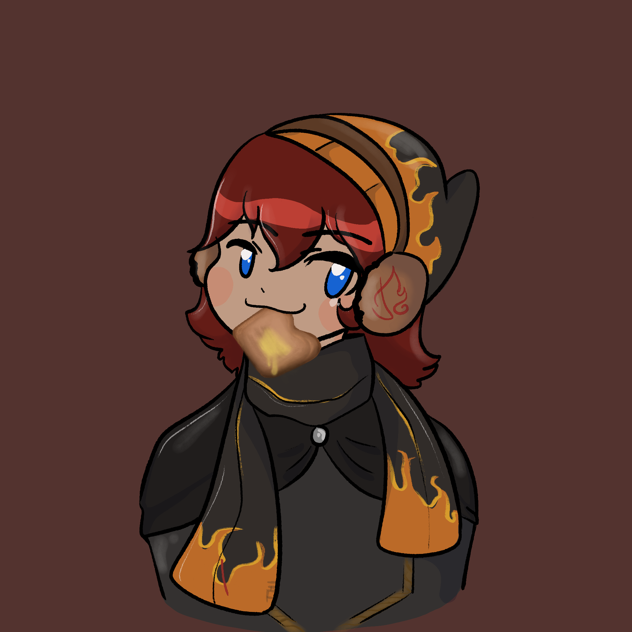 A cartoon-style character with red hair, blue eyes, and a confident expression, wearing a black and orange hat with flames, a black cape with flame designs, and licking a cookie.
