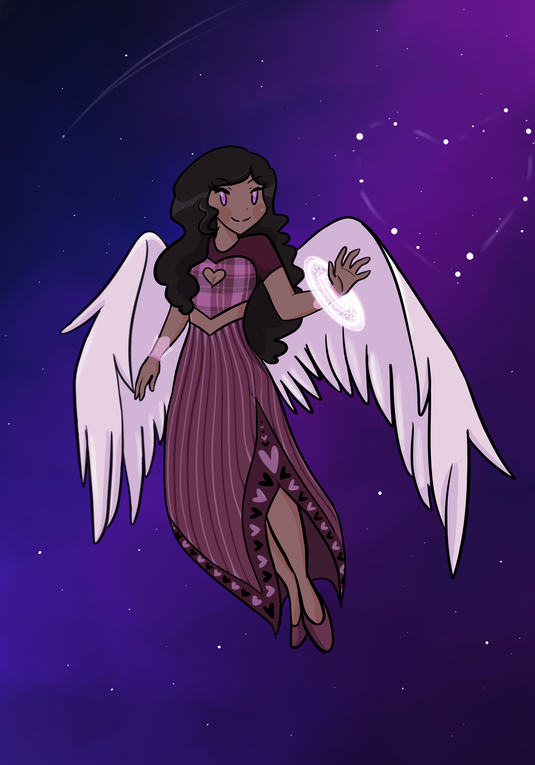 A digital illustration of a female angel with dark skin, long dark wavy hair, pink eyes, and white wings. She is floating in space with a purple and blue starry background, wearing a pink and purple dress with heart patterns, and holding a glowing pi