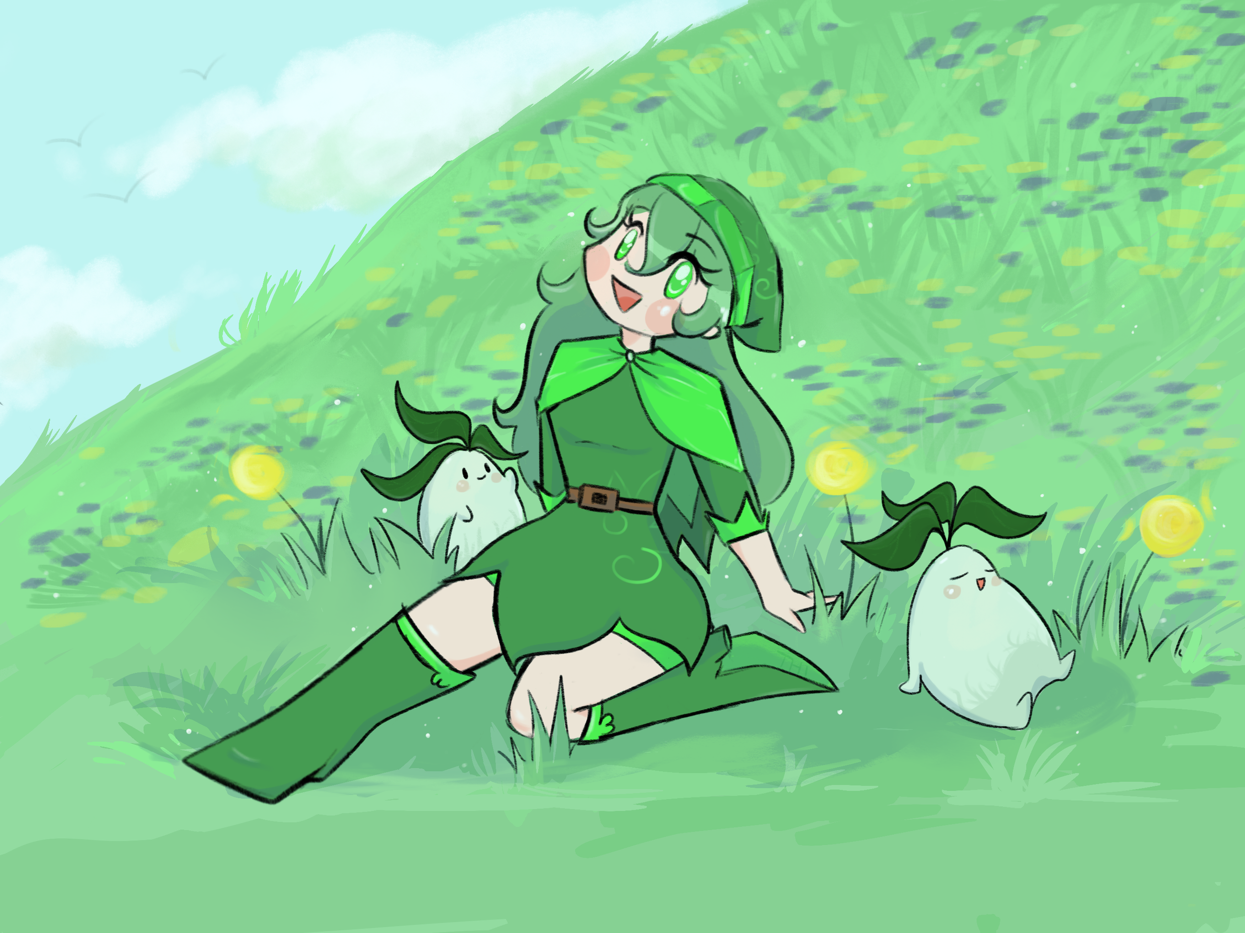 A cheerful girl dressed as a fairy in a green costume sitting on a grassy hill with two fluffy creatures, surrounded by glowing yellow orbs and blooming flowers.