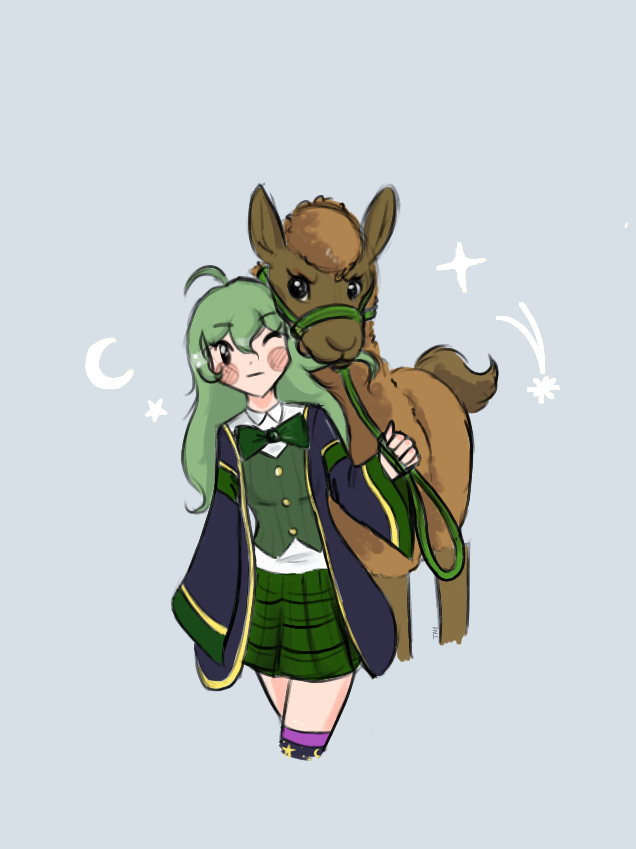 A cute anime-style girl with green hair and a green plaid skirt stands with a brown horse, holding its halter. The girl is winking and smiling, with a star, moon, and spark illustrations around them against a light blue background.