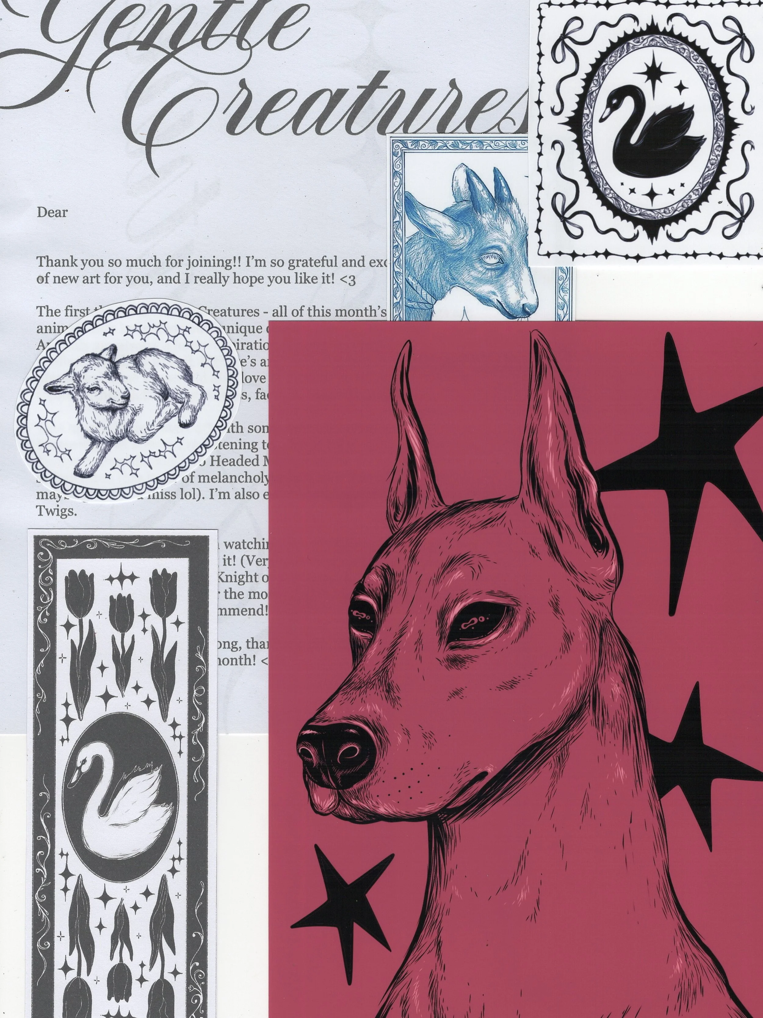 My first edition of my Mail Club!! Available to order now on my site to receive at beginning of September!! The theme is &ldquo;Gentle Creatures&rdquo;, and I had soooo much fun making this. 

You&rsquo;ll receive - 

Custom envelope
Letter
A5 print 