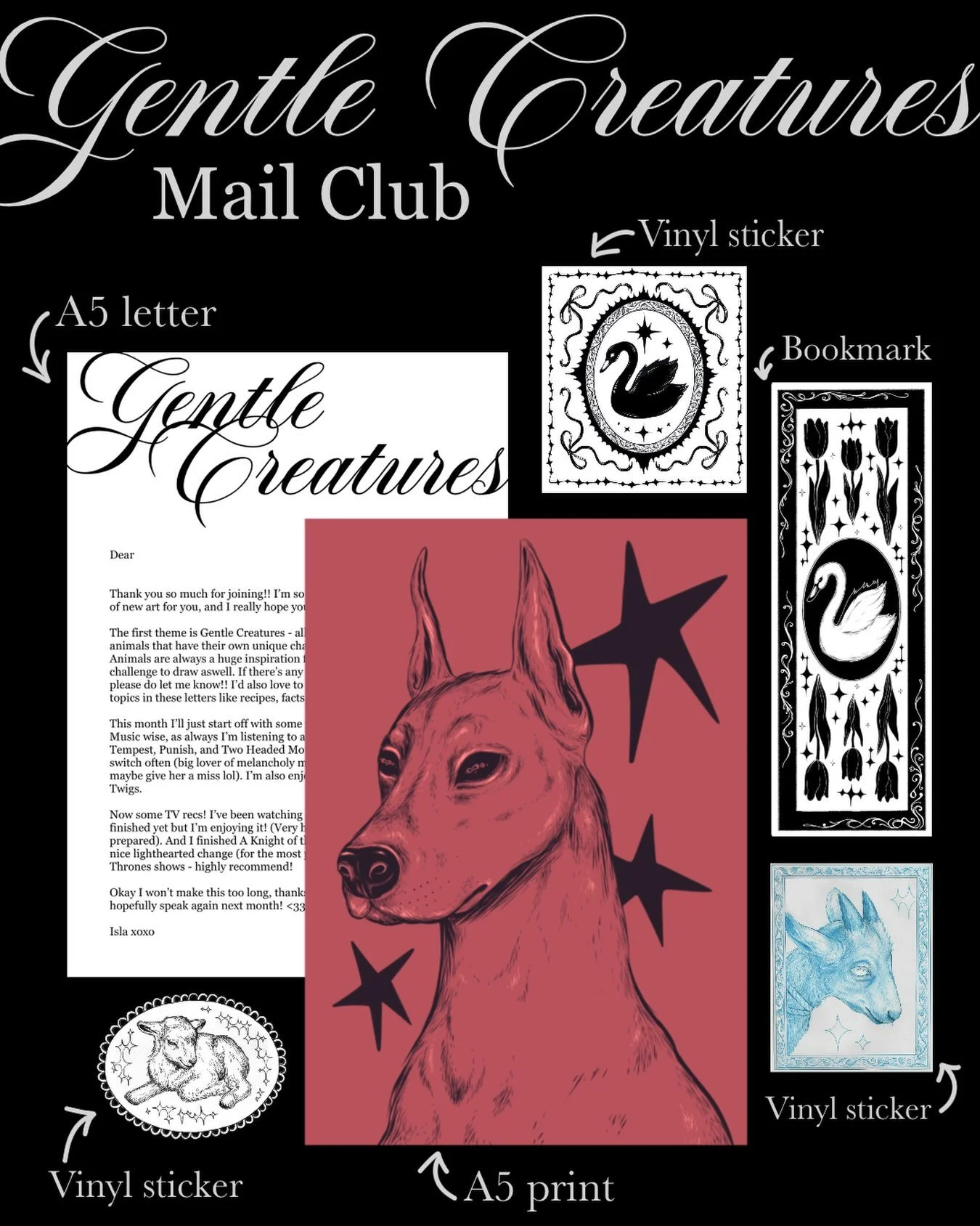 Another mail club post!! So excited about this and have loved making it. You have just a week now to sign up! &pound;6.50 including shipping for 2x vinyl stickers, a double sided bookmark, a letter and an A5 print. All made and designed by me <3 
