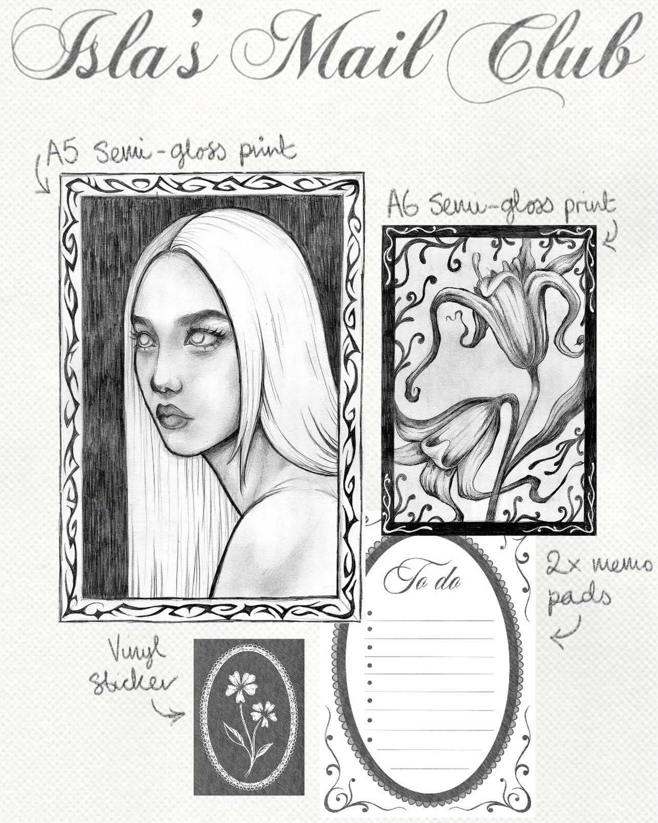 November&rsquo;s mail club! Available on my site to pre-order now, to arrive for the beginning of November <3 &pound;6.50 inc. postage!

It includes:
~ A5 semigloss print 
~ A6 semigloss print 
~ 2 double sided memo pad pages 
~ 1 vinyl sticker 
~