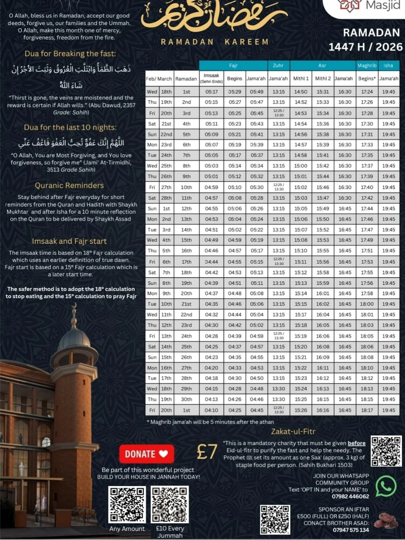 *RAMADAN TIMETABLE*

A printed version of the Ramadan prayer/fasting times will be available to collect at the Masjid from Jummah onwards
