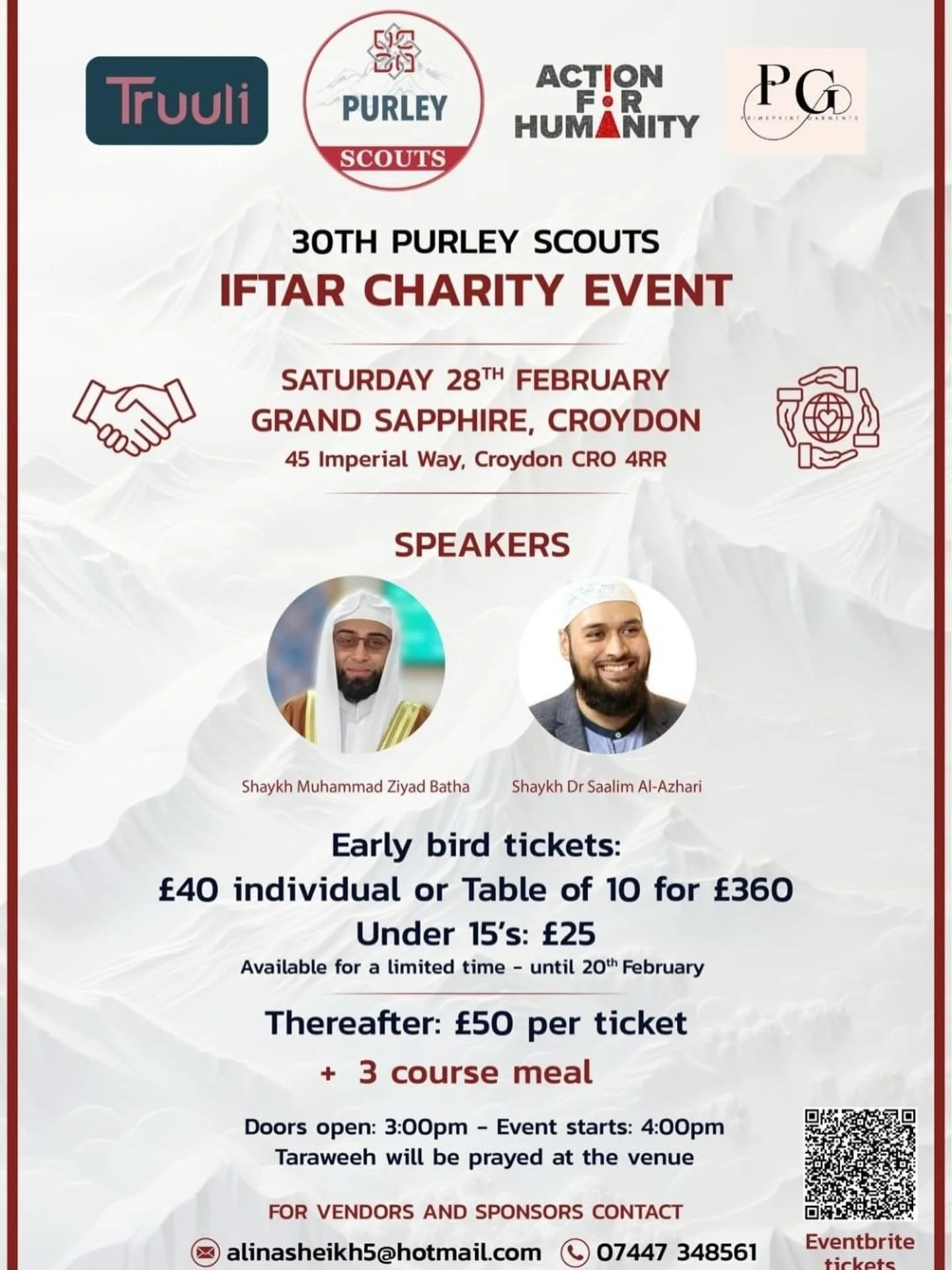 *Purley Masjid Scouts Iftar Charity Event*

Join Purley Scouts as they raise money for Palestine at the *Grand Sapphire* in Croydon on *Saturday 28th February* 
Guest speakers: Sheikh Salim and Sheikh Ziyad from Sutton (MCWAS).
Let us listen as they 