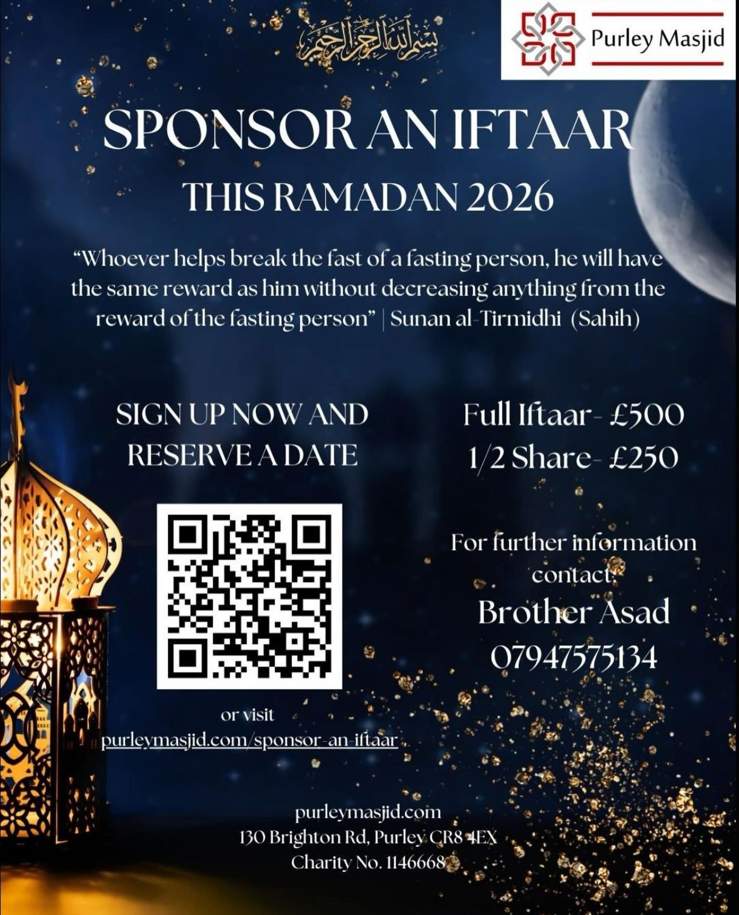 *Ramadan Iftaar Sponsorship*

Assalamualaykum dear community members 

We are delighted to announce an opportunity for you to contribute to our Ramadan Iftaar at the masjid. This is a blessed chance to sponsor Iftaar meals for fasting individuals, a 