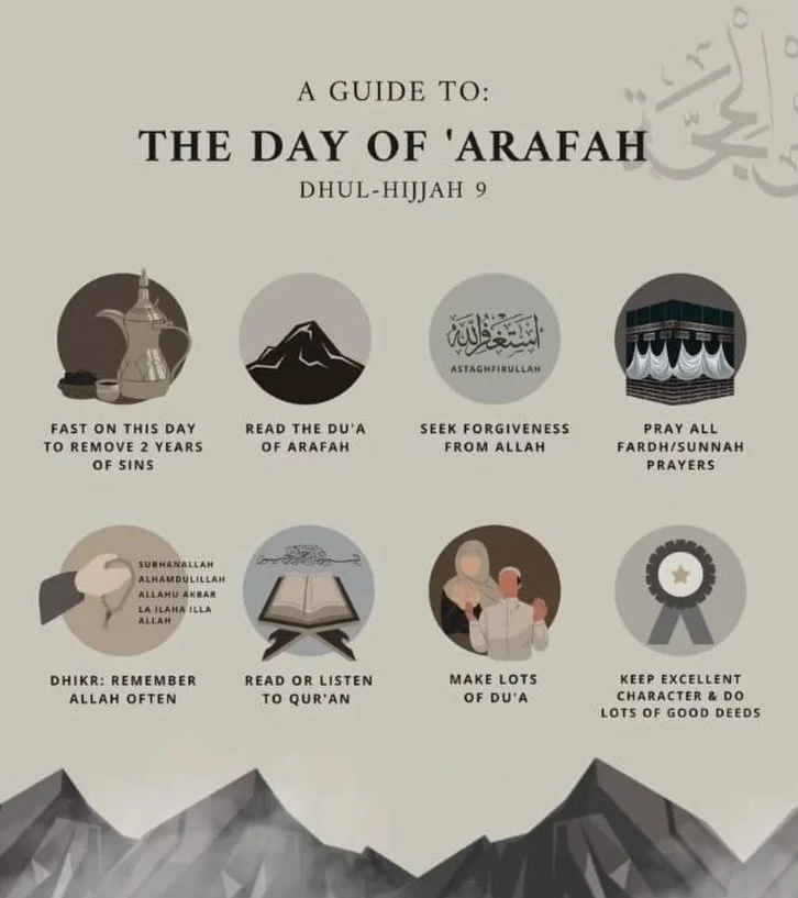 Tomorrow - 9th Dhull Hijjah - *The day of Arafah*

It is narrated in Sahih Muslim that the prophet ﷺ said that fasting the day of Arafah expiates the sins for the past year and the year to come.

We gently encourage all our community to engage in as 