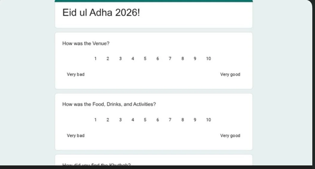 *Eid in the Park - Feedback form*

As the days of Eid come to an end we ask Allah ﷻ to increase us and bless us. 

For those who attended Eid in the Park, we are looking for comments and feedback to learn and grow from

The form should only take a fe