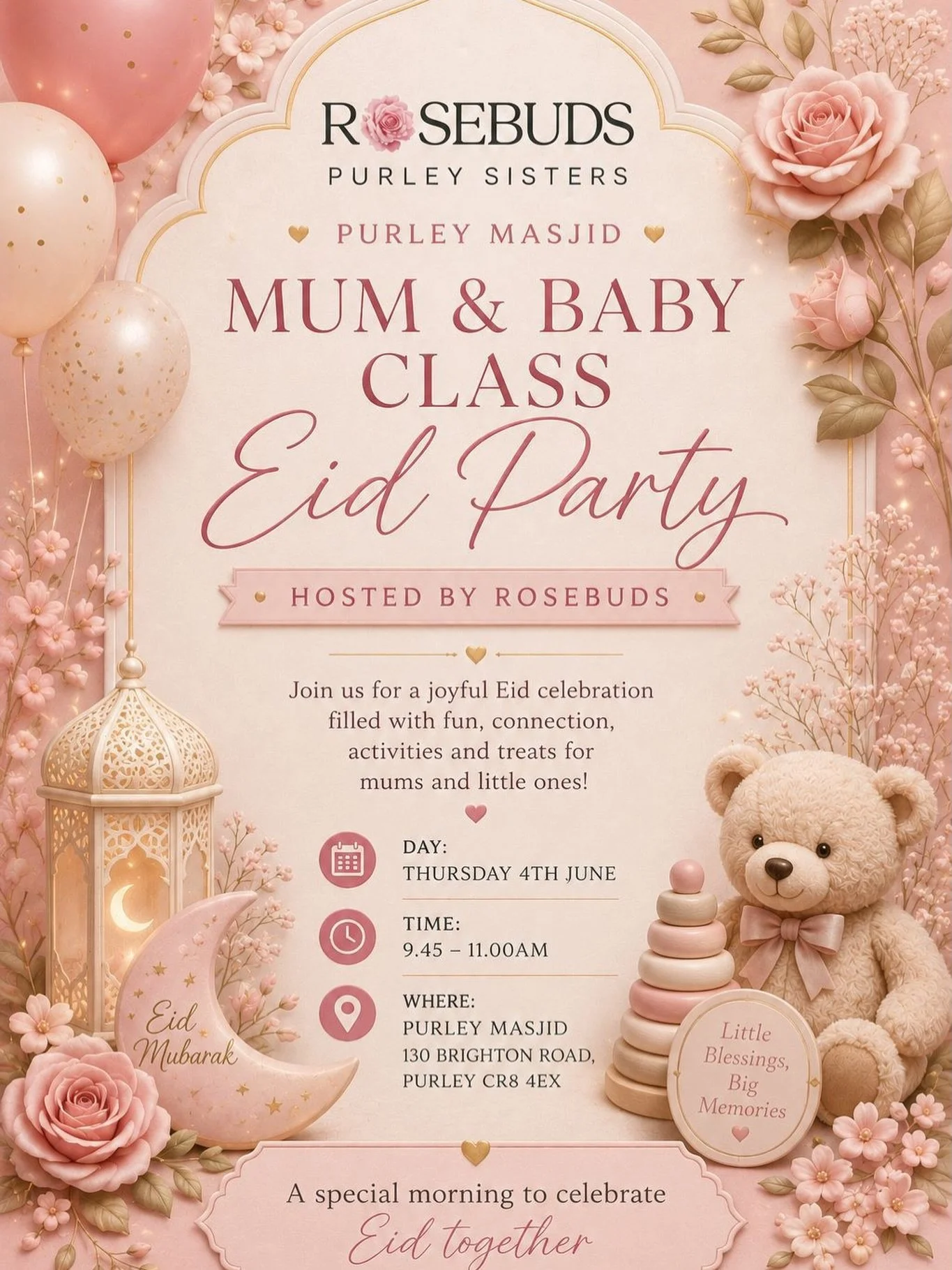 *EID PARTY*
Assalamu alaykum,

We hope you all had a beautiful and blessed Eid!

We would love for you to join us for a warm and welcoming Eid Party with other mums and little ones. Come along for connection, conversation, games, and yummy treats as 