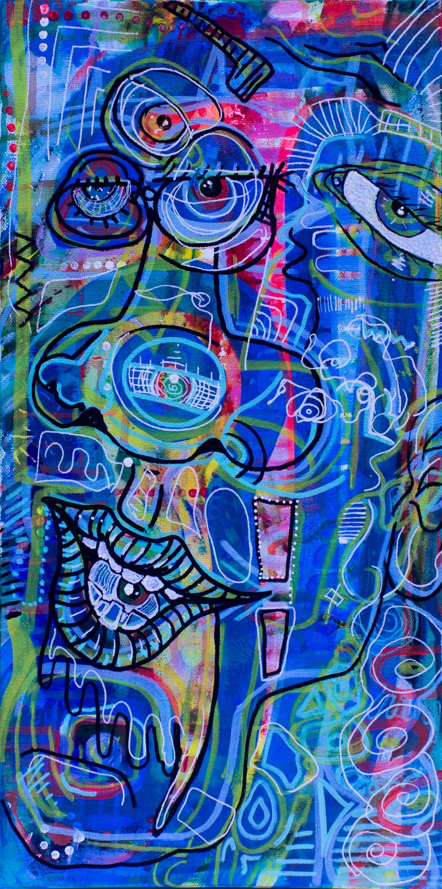 Abstract colorful painting featuring multiple eyes, lips, and various geometric and swirling patterns