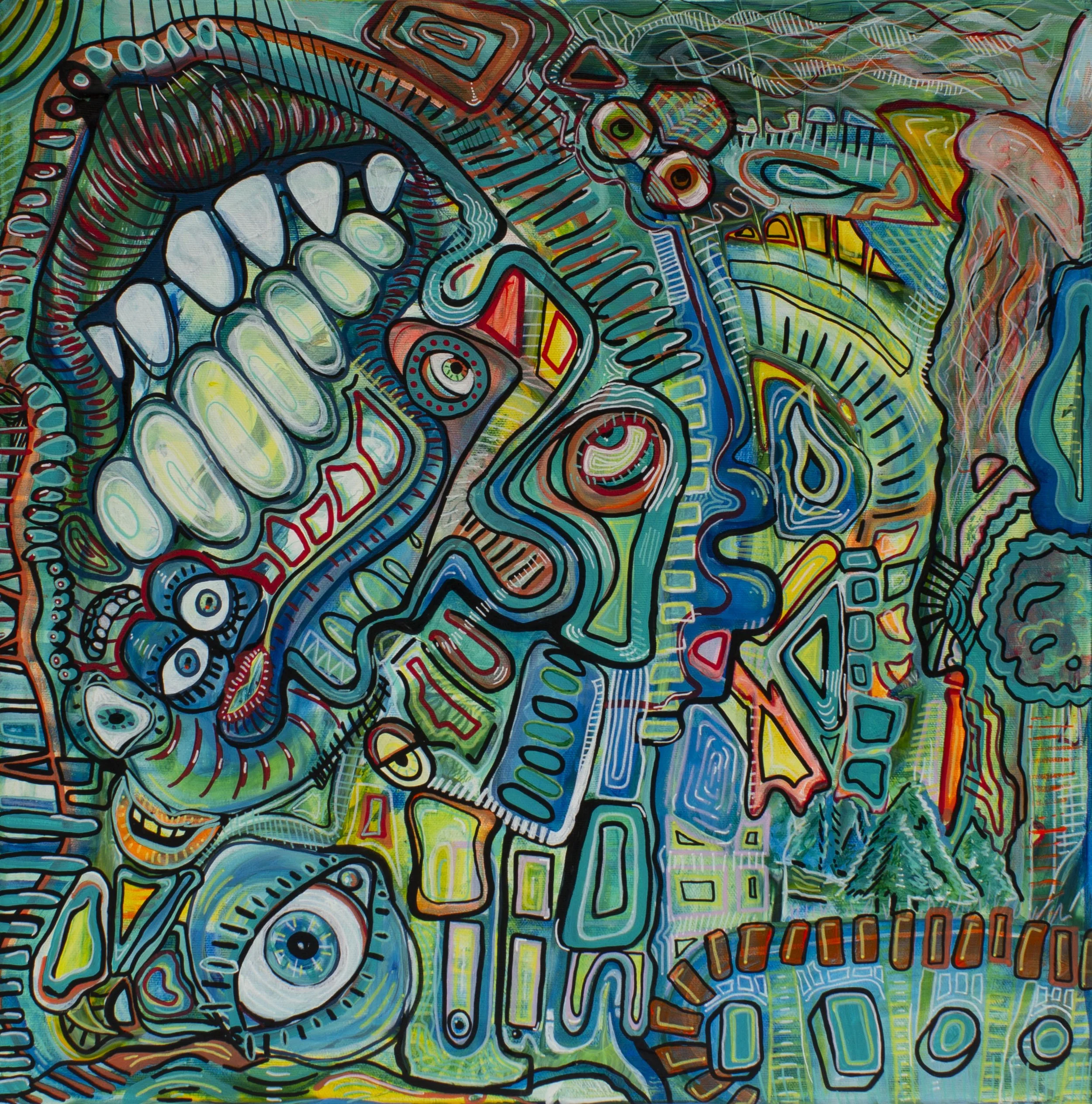 Abstract colorful artwork with various geometric shapes, lines, and patterns forming a chaotic and vibrant composition.