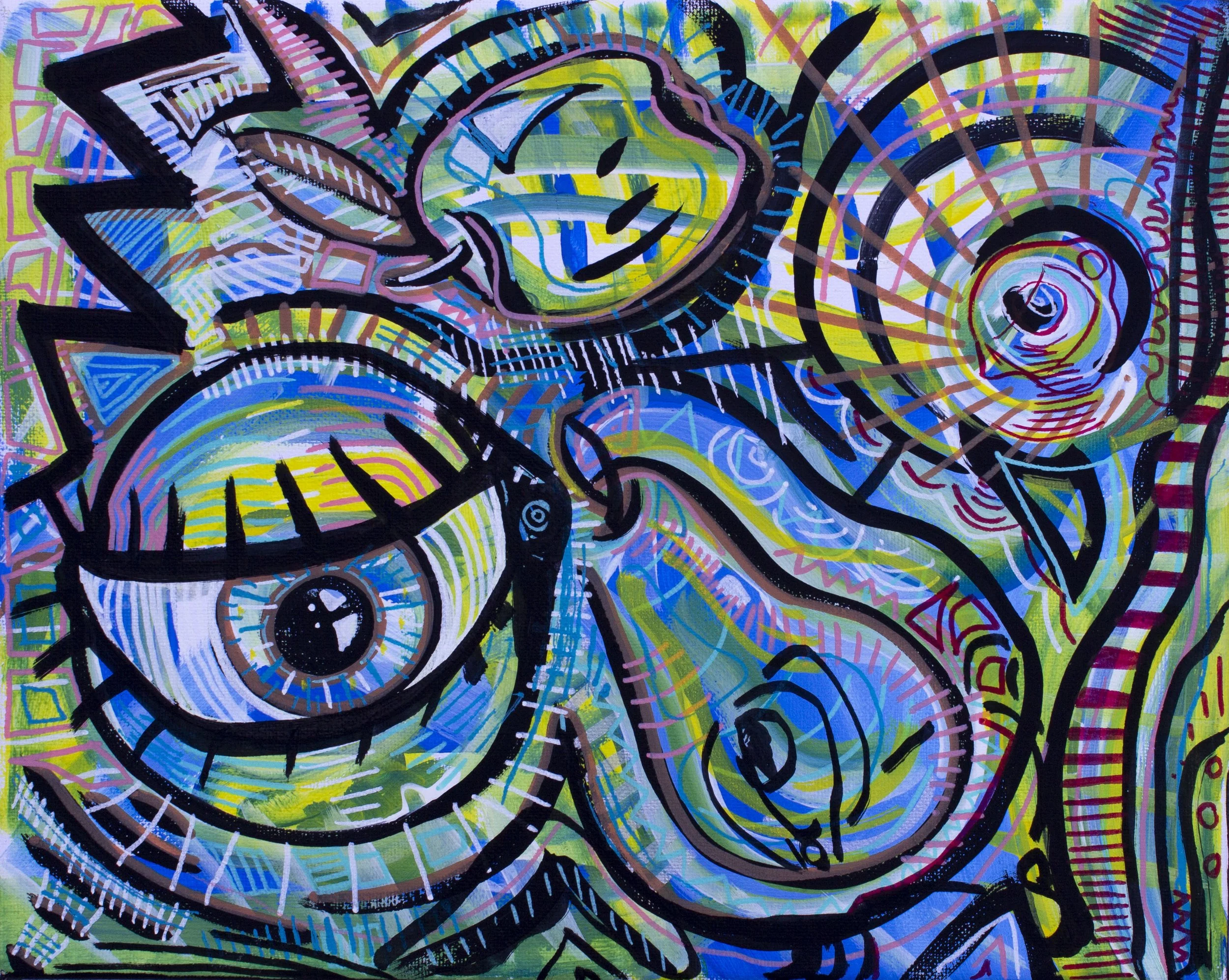 Abstract colorful artwork depicting stylized human eyes and faces with bold black outlines, vibrant hues of yellow, blue, pink, and green, and intricate patterns.