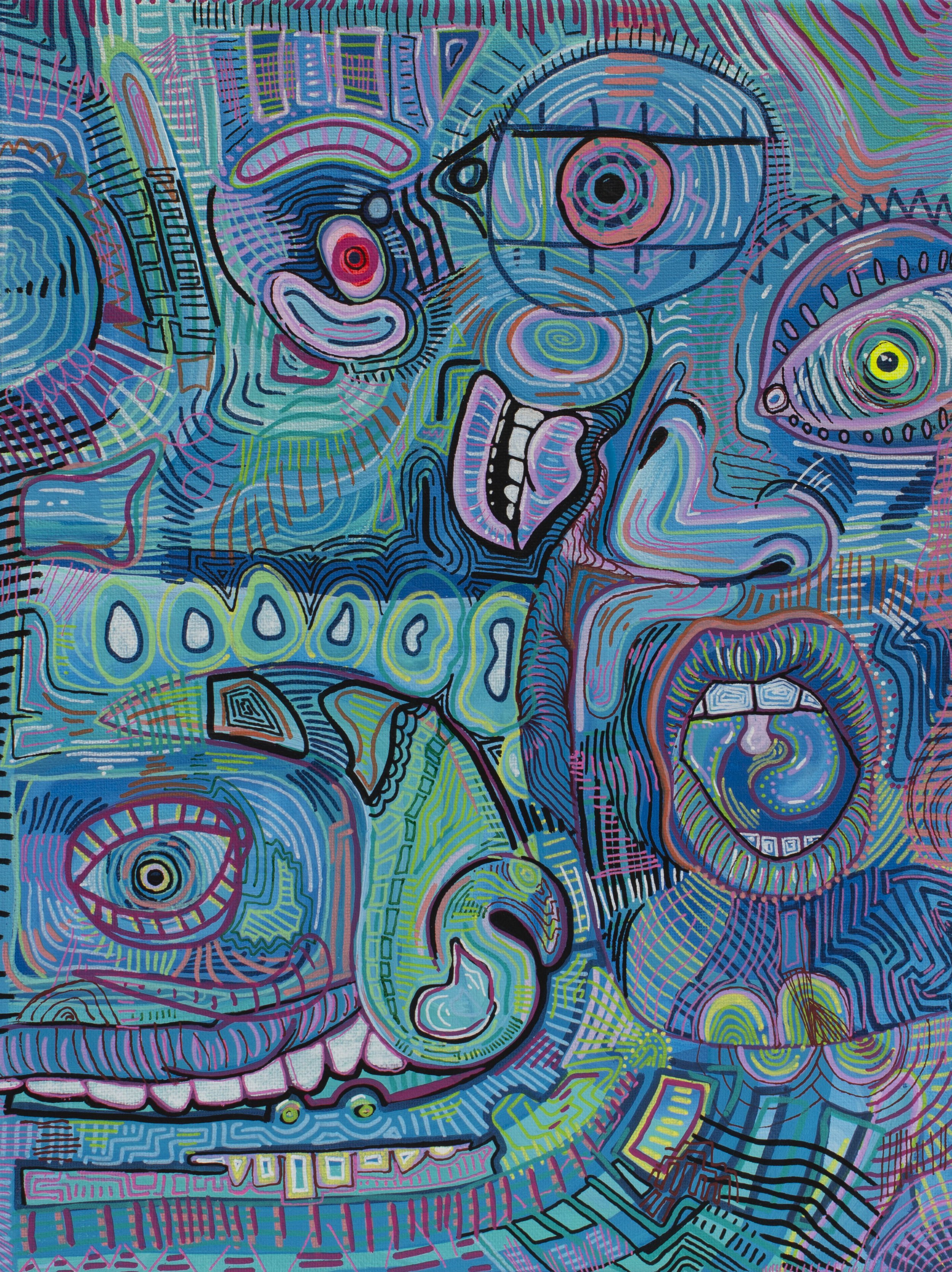 Abstract colorful mural with distorted faces, eyes, and mouths, featuring lines and geometric patterns in shades of blue, purple, pink, and green.